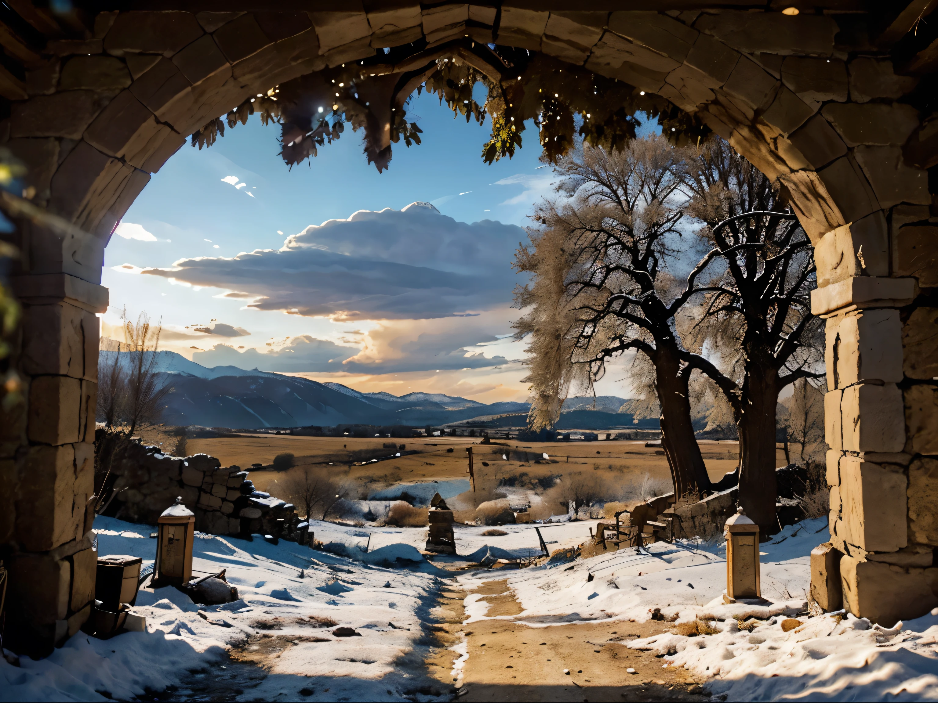 war-torn landscape, shining sun, dramatic skies, war banners fluttering, blurred motion, dynamic composition, vivid colors, contrast lighting, golden hues, heroic atmosphere, great details, Army, in the distance you can see many frozen mountains, Alps Mountains:1.1, old Oak forest, (holy oak tree in the edge of the landscape: 1.4), thick trunk, (A crack in the trunk):1.3, (winter:1.4 landscape) scene of war and chaos with fire, stonebuildings:1.2 on the ground. Totemism, tribalism, fire worship, fire, temple signs, Lorestan bronze, Lorestan bronze, animal husbandry, Totemism, tribalism, fire worship, fire, temple signs, Lorestan bronze, Lorestan bronze, animal husbandry, Four arches, fire temple, Sasanians, winter, showy lands, Alfalfa:1.4, February, (Oak tree in winter):1.4
The sacred cloth hanging from the tree, (Rags Tied to the Sacred Oak Tree, blue, red):1.4