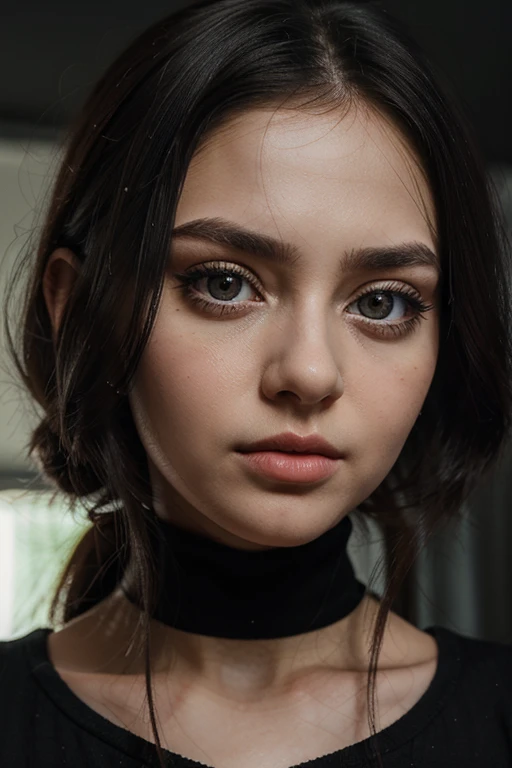 generate hyperrealistic portrait of belarussian girl, big eyes, puff lips, black lashes, black straight hair, see straight at camera