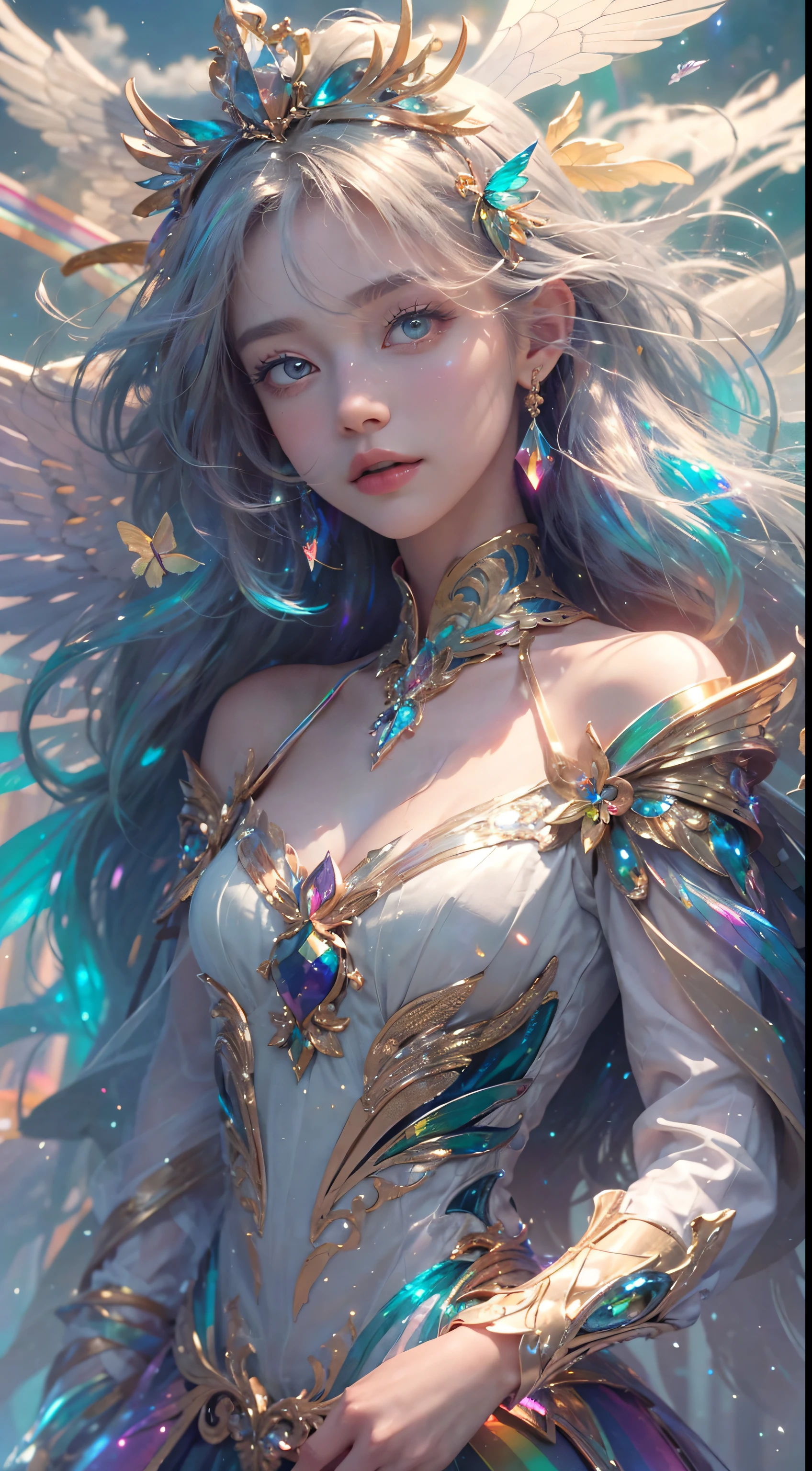 (((Masterpiece))), (((Best quality))), ((Very detailed)),(Highly detailed CG illustration), ((Very delicate and beautiful)),Cinematic light, Create stunning fantasy artwork that emulates the style of currently popular genre masters. The art piece should contain elements of mythological fantasy and fantasy fantasy with dreamy rainbow accents. ((Use the rainbow as the main color scheme.)) The character in the artwork is a small, delicate but powerful figure with an aura of mystery and magic (Transparent and beautiful rainbow wings). Pay close attention to complex facial features, Like charming eyes with vibrant colors and bold shading. The character's clothing should be designed with fluffy feathers, silk, Amazing embroidery, And subtle iridescent details. Enter (((Transparent rainbows))), Dreamy colours, الlight الديناميكية, and detailed background elements to create a sense of awe and immersion. Includes colorful flying magical birds and jewel-colored rainbow butterflies that radiate a magical aura. Consider the latest trends in fantasy art, مثل دمج تأثيرات الlight الفريدة, Explore dynamic and compelling composition techniques, And experience unique color palettes. Get inspiration from the best artists on ArtStation and Midjourney. camera: Choose an angle that highlights the beauty of the character and enhances the magical grandeur of the artwork. light: استخدم تقنيات الlight الجوية لخلق العمق والمزاج. Accuracy: تهدف إلى عمل فني عالي الAccuracy لعرض التفاصيل المعقدة والوضوح. Artistic inspirations: Find inspiration from famous artists on ArtStation, Explore different styles, Species, and topics.