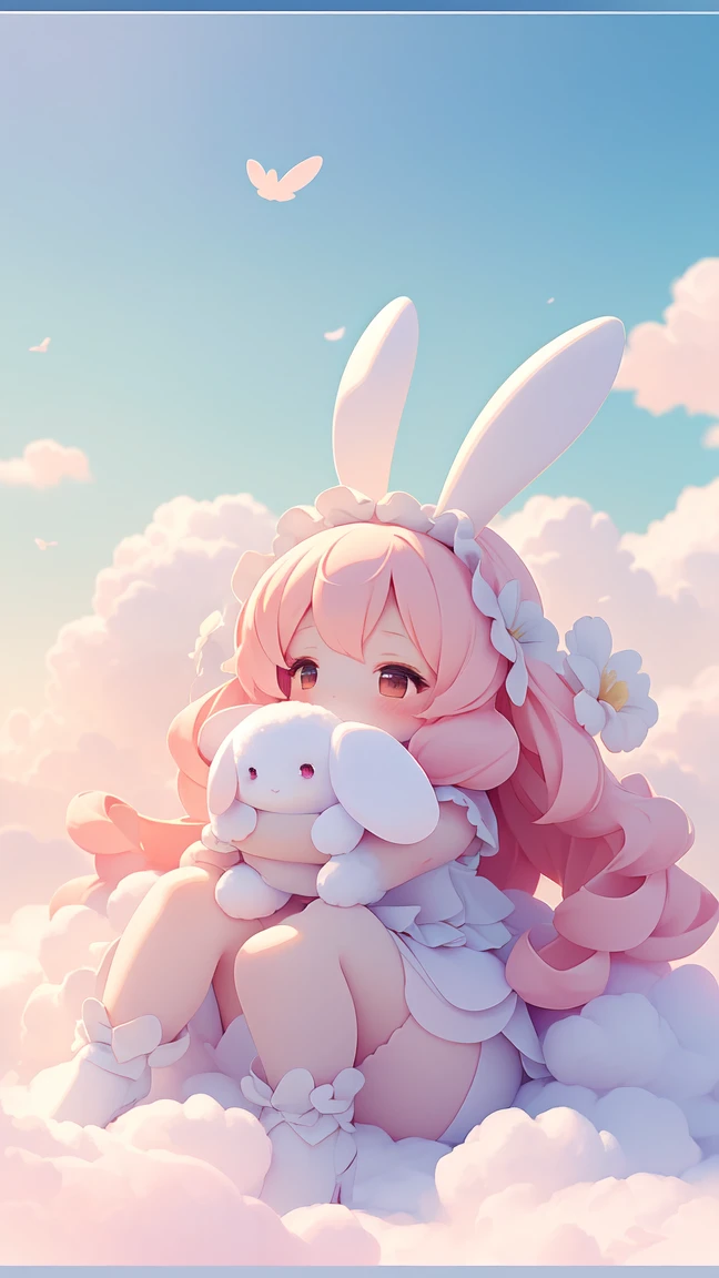 Bunny Morphing Girl, fluffy, soft ((highest quality)), ( Extremely detailed, Best details, Official Art, Beauty and aesthetics: 1.2), Depth of written border, composition, whole body, (a bit), (Beautiful and detailed: 1.3), (wonderful:1), Colorful clouds blurred background