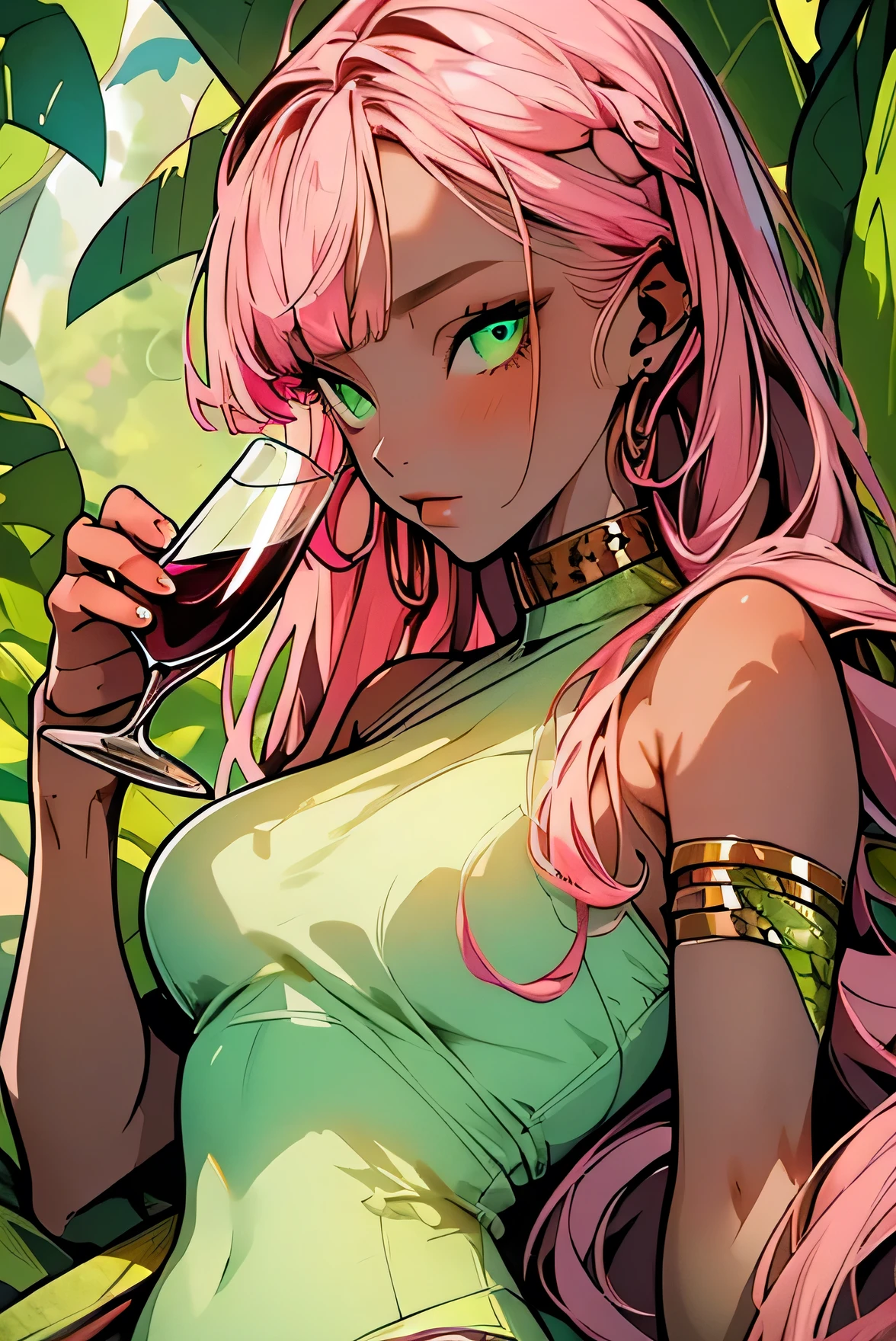 ((best quality)), ((masterpiece)), (detailed), perfect face, girl holding a glass of wine, a snake on her arm coiling her, brown skin, long light pink hair, straight, without curves, green eyes, wearing a long white dress,