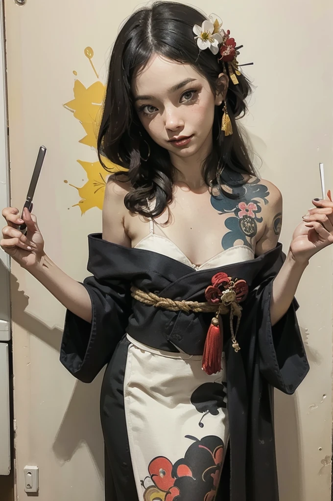 Professional drawing with colored pencils. A heavily tattooed geisha, With a strange expression and a large knife in his hand. Japan and European style. Moderate nuance color, Contrasting colors. Some doodle style and vector art. ((Best Quality))