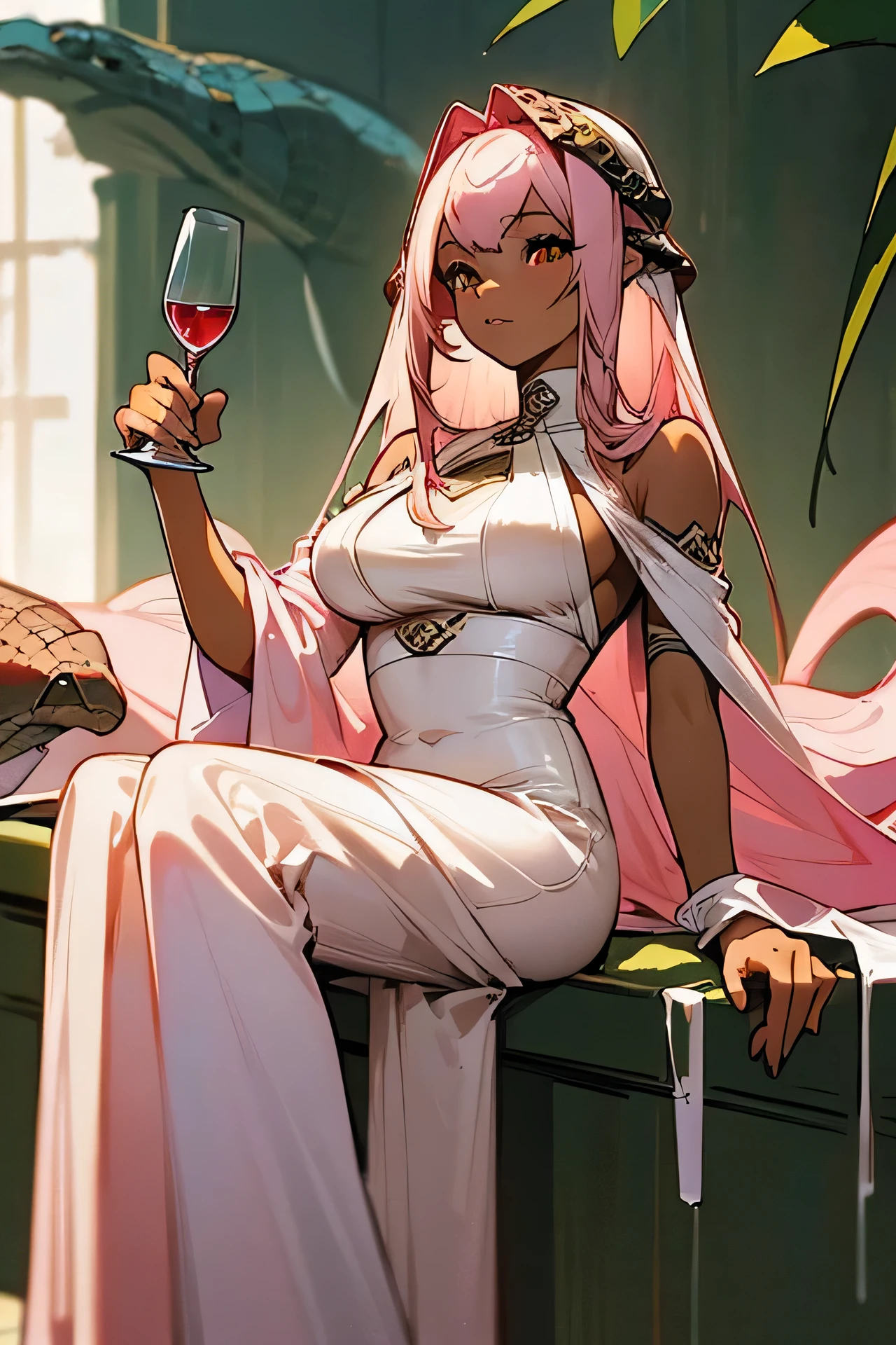 ((best quality)), ((masterpiece)), (detailed), perfect face, girl holding a glass of wine, a snake on her arm coiling her, brown skin, long light pink hair, straight, without curves, green eyes, wearing a long white dress,
