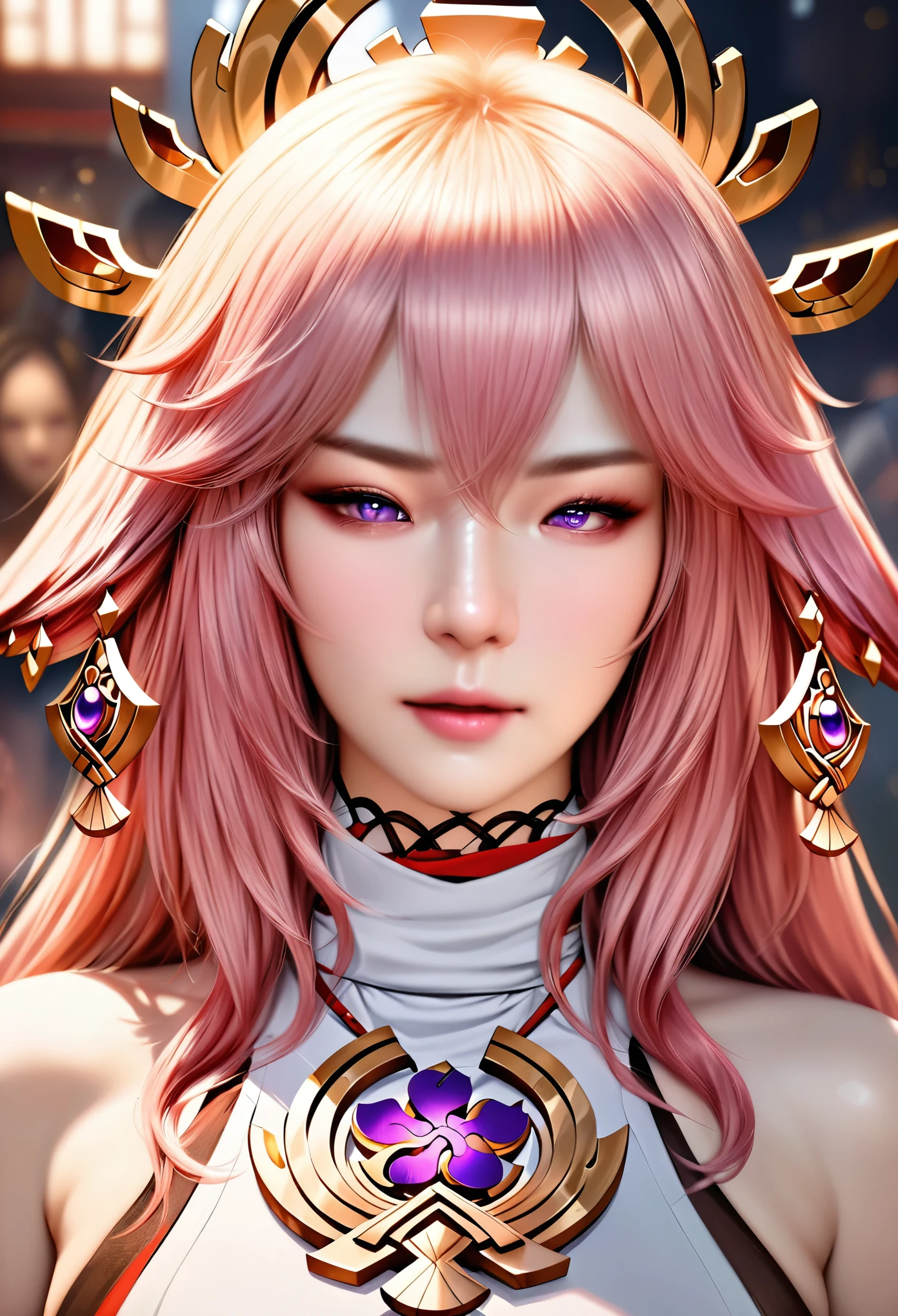 animetoreal, (masterpiece, best quality,high quality,White skin,Beautiful detailed face),(realistic:1.2),photorealistic,perfect lighting,(extremely detailed CG:1.2),(masterpiece, best quality:1.2),1girl, Yae Miko,Yae Miko(genshin impact), long pink hair, fox ears , purple eyes, a large gold ornament, uppper body