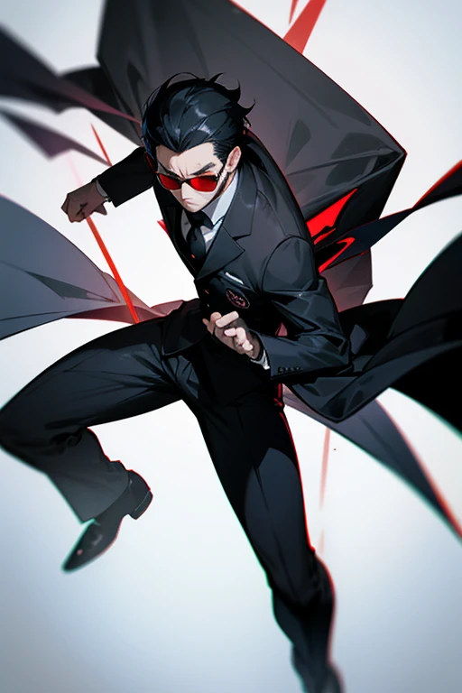 man with black hair, red eyes and black glasses with a black suit and a berto_romero logo on his back