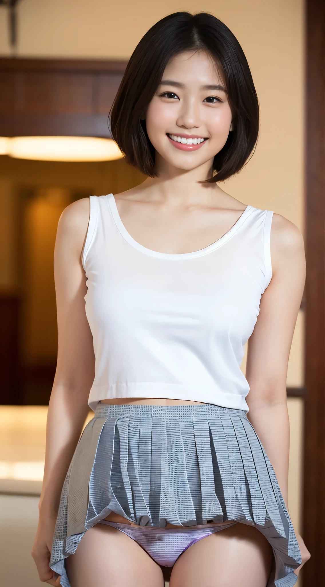 Close-up, masterpiece, highest quality, Complete Anatomy、Raw photo, Photorealistic、(Cute face:1.4)、(Very cute smile:1.7)、(Round face:1.7)、(Clothing that emphasizes the bulge in your chest、Large Breasts), Black-haired、Depth of written boundary, High resolution, Ultra-detailed, In detail, Very detailed, Very detailed目と顔, Realistic students, Sharp focus, Cinema Lighting、19-year-old female、One Woman、 short hair、Half Up、 uniform、Very detailed8K壁紙、Checkered Pleated Skirt、Please show me your whole body、(Lift up the hem of your skirt with both hands、show panties to camera)、standing、Angle from below、(太もものClose-up)、(Good balance、Large Breasts像、Large Breastsと細いウエスト)、Depth of written boundary、Background blur