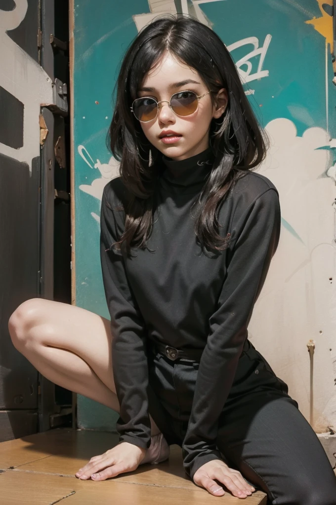 (Super detailed,Ultra-high resolution,Detailed Background),((2D)),((Flat Color)),((Calm colors)),((Floating Neon)),One girl,alone,View your viewers, Spray paint, graffiti, A girl in a white fencing suit, Long luxurious scarf, Full body image, Adult female, anatomically perfect face, Face in focus, Symmetrical face, Roller skating, Wearing a 1950s sci-fi helmet with a visor, sunglasses