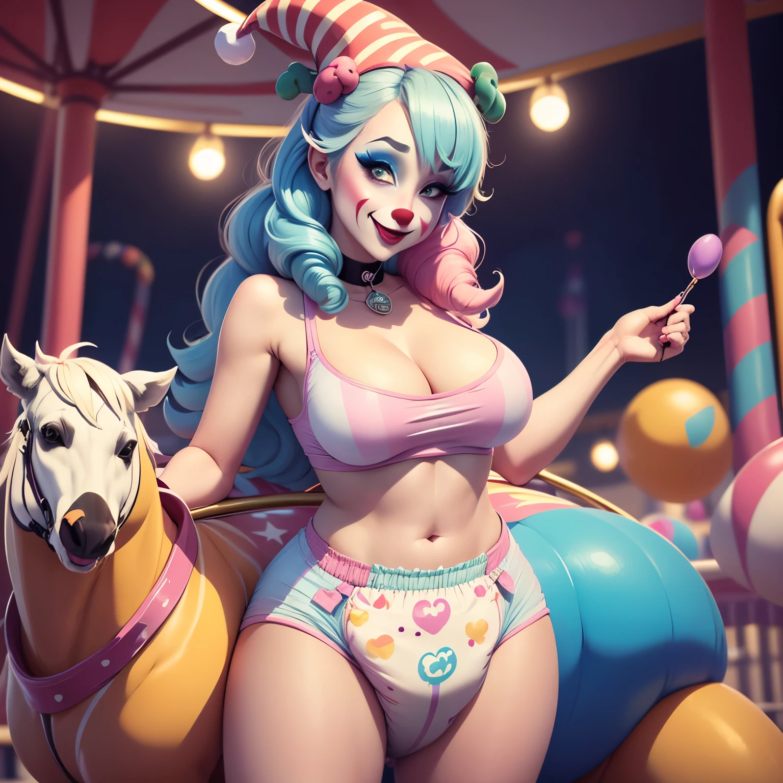 Sexy happy clown babysitter, woman, women only, girls only, sexy makeup, long hair, human, light skin, curvy, black choker, medium breasts, wearing a diaper, adult diaper, plain white diaper, thick diaper, bulky diaper, (colorful pastel diaper, bulbous diaper), naughty smile, latex, blue eyes, heart emojis, (theme park, merry-go-round, amusement park, green field, clowncore, clown makeup)