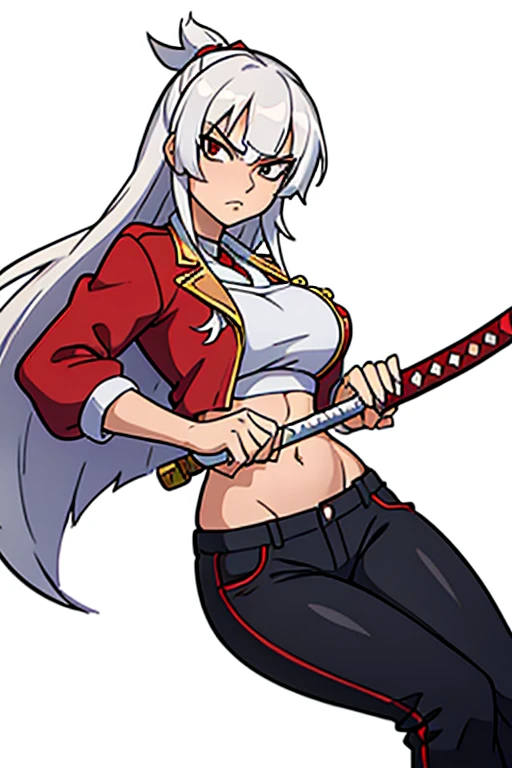 (masterpiece, best quality:1.2), 1girl, solo, Kagura_Mikazuchi, long hair, white hair band, large breasts, open jacket, red jacket, black pants, open clothes, midriff, (sexy navel), serious, hime cut, double-breasted. Holding traditional samurai katana sword. Her gaze is both alluring and fierce, as she holds the sword with a delicate yet deadly grip. Simple background, white background
