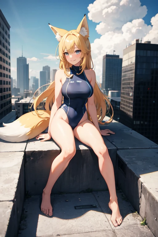 (solo), (1girl:1.3), (masterpiece, best quality:1.4), (ultra highres:1.2) , (super fine illustration:1.3), 8k resolution, absurdres, insanely detailed, sharp focus, (vivid colors:1.5), (natural lighting, natural shading: 1.0),colorful details,
3D, detailed background, ultra detailed beautiful face and eyes, detailed skin texture, deteiled clothing, (Blue sky, white clouds:1.2), BREAK,
Sparkling eyes, Cute face, kawaii, smile, slim body, big breasts, delicate hair, Shiny hair, blond long hair, shiny skin, exposed skin, (Athletic body:1.0), super heavy weight,
looking away, (standing ground:0.5), (stylish pose:0.3), sitting on a building, (sitting on building, The roof of the building is crushed under bodies:0.8), The distance between buildings is super narrow ,
townscape,cityscape,street, (overhead shot:0.0), (high angle:1.0) , (wide shot:0.0), (full body shot:1.3), destruction, (Collapsed buildings:0.3), (sexy two part swim suit:1.0), no shoes, blond fox ears, four blond fox tails,
(rampage:0.5), crowd, cars,