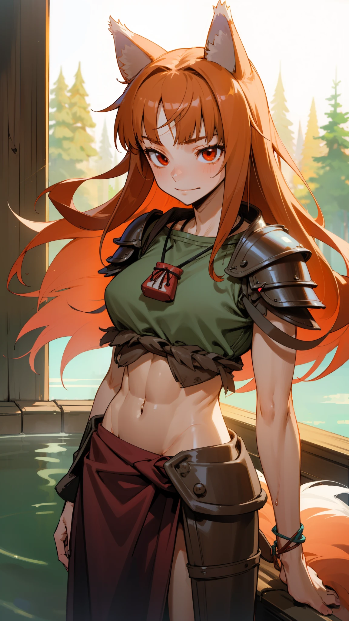 Ultra-detailed, HDR, UHD, ultra-fine painting, physical based rendering, extreme detail description, Professional, Vivid colors, bokeh, full-length portrait, landscape, style of Concept Artists, with a vibrant color palette, soft-lighting, Japanese hot springs, 1girl, long hair, brown hair, animal ears, red eyes, wolf tail, necklace, (with wolf ears), (red wolf girl, Wolf Female), ((muscular strong body)), (body scars, damaged), seductive sexy pose, wearing tribe barbarian armor