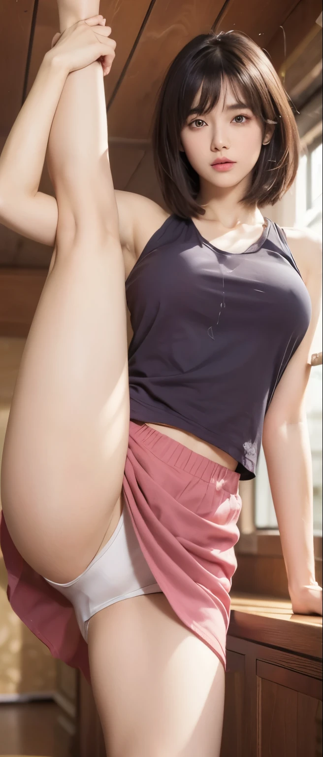 animetoreal,(masterpiece, best quality,high quality,White skin,Beautiful detailed face),(realistic:1.2),photorealistic,perfect lighting,(extremely detailed CG:1.2),1girl, solo,standing_split, balck short hair, white Sleeveless vest, pink skirt, standing split,stand on one leg,
