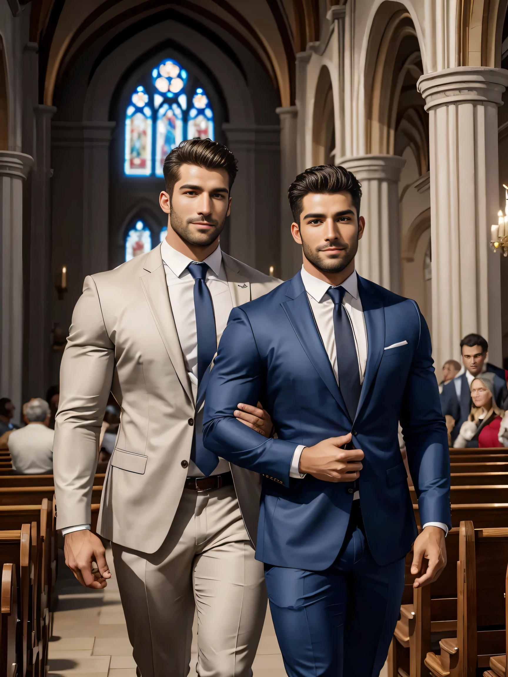 8k，8K resolution，2 Muscular Europeans, handsome man，charming eyes，dark skin,beautiful, smooth and shiny，Full muscles，Thick body hair， (wearing a stylish suit)，big bag，emphasize，Two men holding roses in church，Smile happily，Two men walked out of the church happily，There are many flowers in the church，professional lighting，Professional photography，Realistic photos，realistic model，realistic art