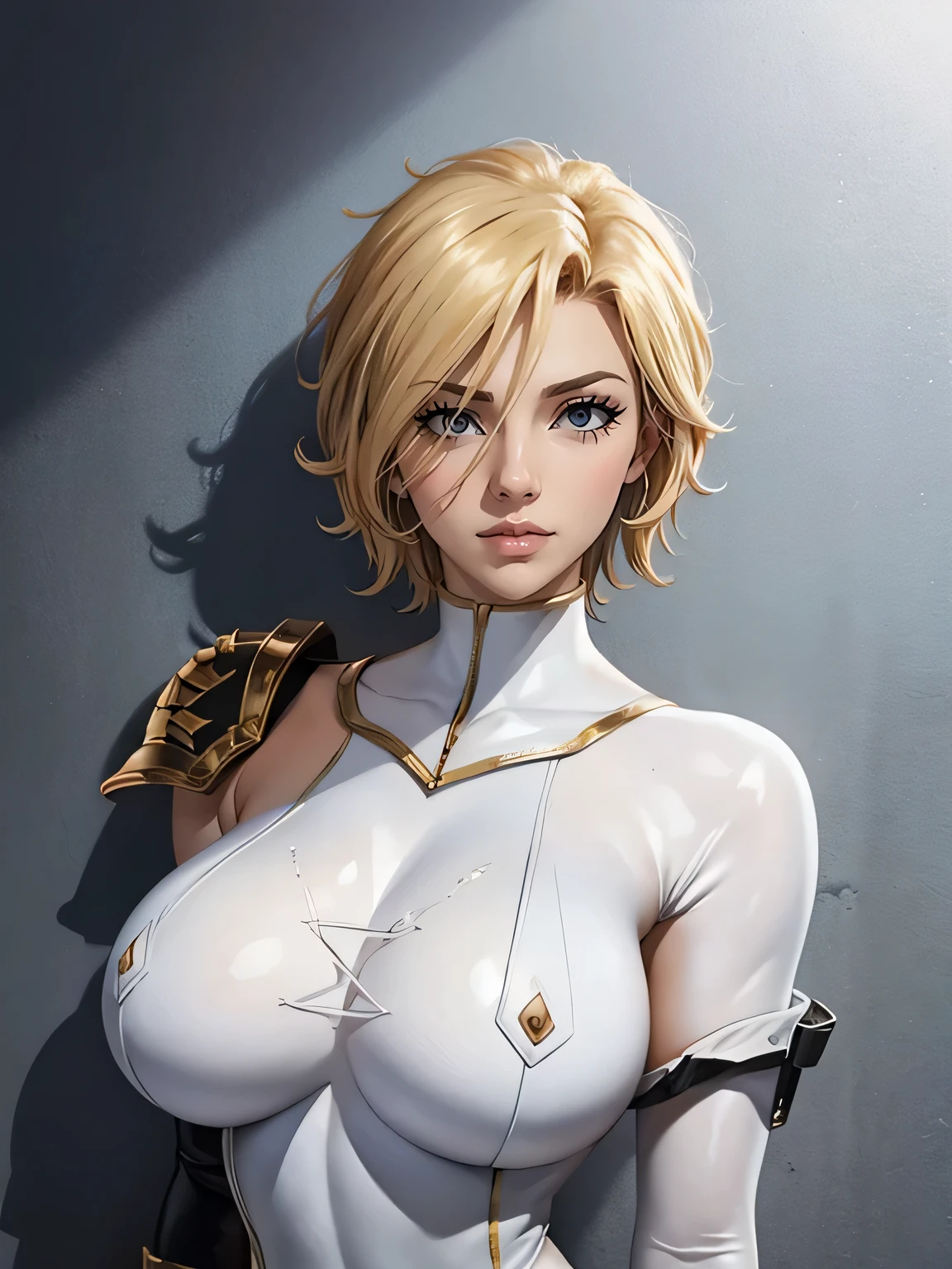 1 woman, off the shoulder,(white bodysuit ),facilitates, without sleeves,huge pectoral muscle,(contemptuous expression on faces), shiny skin, Best quality, masterpiece,