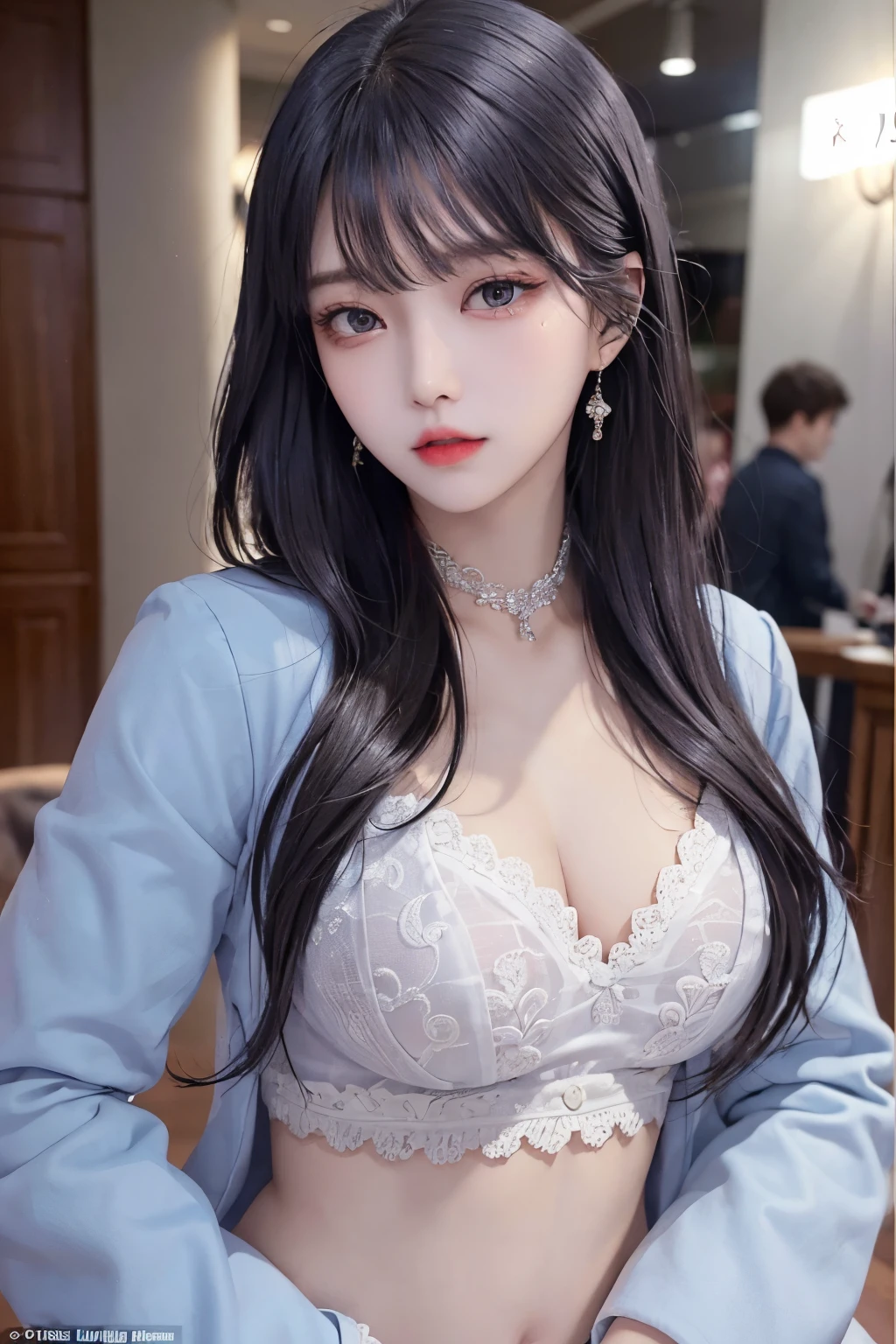 Top image quality、Raw photography、A high resolution、20-year-old cool Korean、big round chest、coat without front closed、lace underwear、Beautiful Eyes of Details、very elongated eyes、Beautiful eyelashes、Beautiful double eyelids、eyeshadows、耳Nipple Ring, wearing super tight boxers,