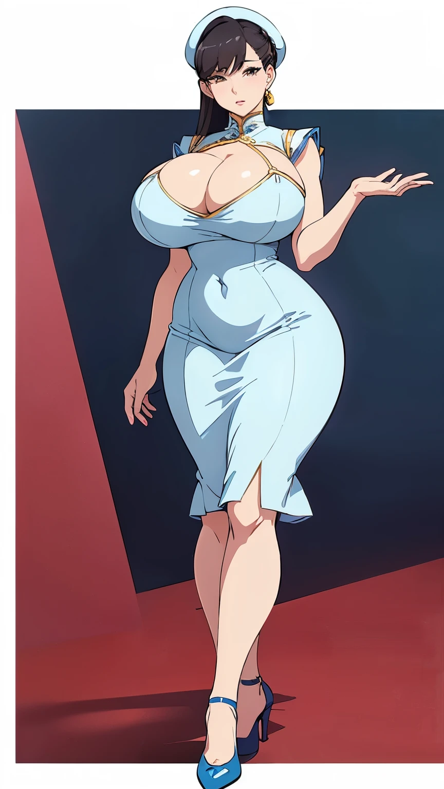 gigantic , Big Hips, Full Body Shot, Mature , Voluptuous thighs, Seductive mature woman,ct body, curvy body, Plus Size Model, Sailor suit, Wearing high heels, sexy china-dress, l Chunli, 1990's anime cels style,