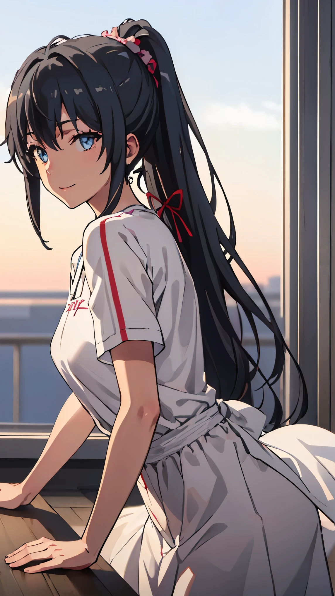 hair_ponytail ribbon,Black hair, eyes blue, long hair, smile , Yukinoshita Yukino,
BREAK (white dress, long dress,short sleeves:1.2)
BREAK The action captured will be as if she's playfully leaping Performance yoga action skill, adding a stretch movement and session scene, BREAK background will depict a Fitness training room
BREAK (masterpiece:1.2), best quality, high resolution, unity 8k wallpaper, (illustration:0.8), (beautiful detailed eyes:1.6), extremely detailed face, perfect lighting, extremely detailed CG, (perfect hands, perfect anatomy),
 