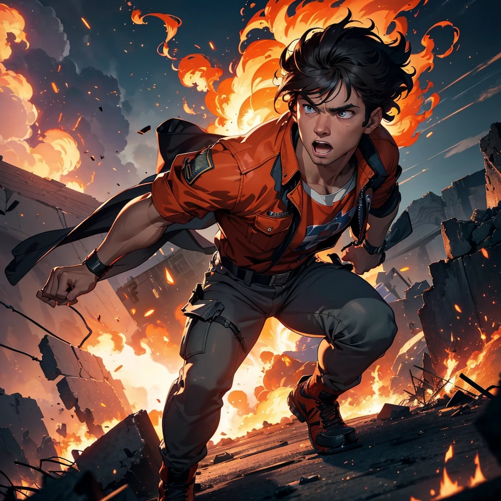 (best quality,4k,highres,masterpiece:1.2),ultra-detailed,(realistic:1.37),(HDR:1.1),(physically-based rendering:1.1), Donald Trump, action hero, massive explosions, fire all around, rescuing damsel, intense expression, superheroic pose, muscular physique, heroic lighting, debris flying, dramatic flames, dynamic scene, adrenaline rush, orange and red color palette, triumphant moment, intense heat, billowing smoke, flying sparks, rescue mission, danger, excitement, bravery, courage, patriotism, powerful, intense action, suspense, high stakes