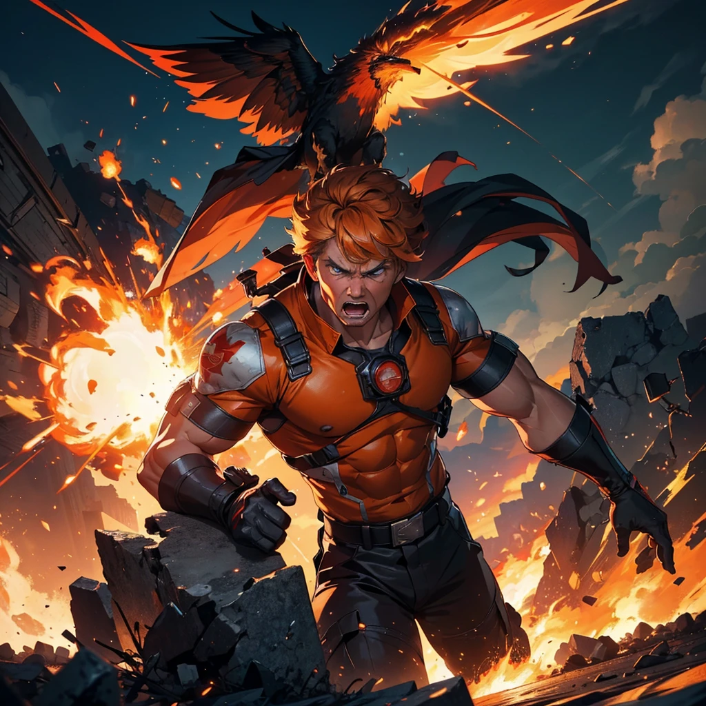 (best quality,4k,highres,masterpiece:1.2),ultra-detailed,(realistic:1.37),(HDR:1.1),(physically-based rendering:1.1), Donald Trump, action hero, massive explosions, fire all around, rescuing damsel, intense expression, superheroic pose, muscular physique, heroic lighting, debris flying, dramatic flames, dynamic scene, adrenaline rush, orange and red color palette, triumphant moment, intense heat, billowing smoke, flying sparks, rescue mission, danger, excitement, bravery, courage, patriotism, powerful, intense action, suspense, high stakes