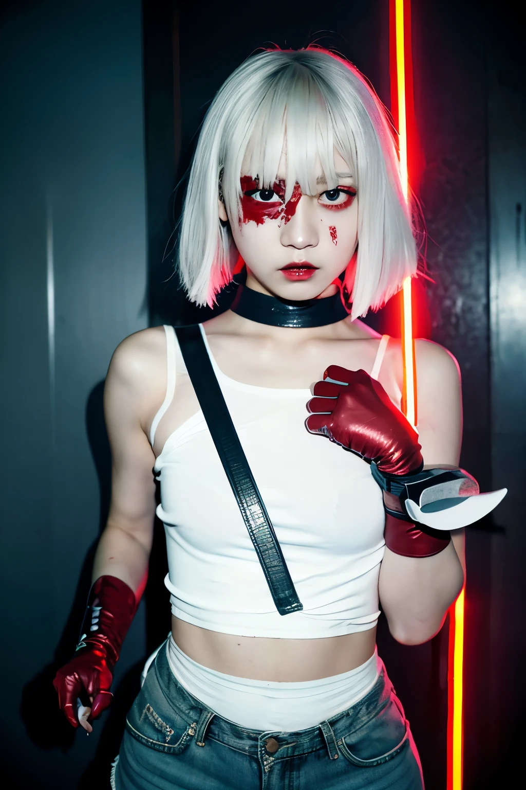 White-haired girl with tied hair, Red eyes, Wearing a neon mask, Futuristic clothing with swords on the back, Standing with a gun pointed at the camera, Slightly torn clothes, In the bathroom, There is a strong aura of murderous intent,Blood stains on the face, A place covered in blood, Wear knee-length shorts