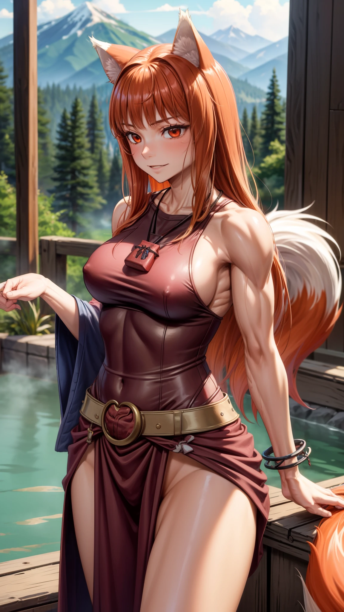 Ultra-detailed, HDR, UHD, ultra-fine painting, physical based rendering, extreme detail description, Professional, Vivid colors, bokeh, full-length portrait, landscape, style of Concept Artists, with a vibrant color palette, soft-lighting, Japanese hot springs, 1girl, long hair, brown hair, animal ears, red eyes, wolf tail, necklace, (with wolf ears), (red wolf girl, Wolf Female), ((muscular strong body)), (body scars, damaged), seductive sexy pose, wearing tribe barbarian armor