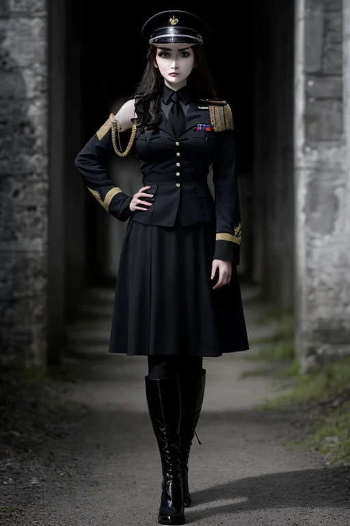 1girl, mature woman, 1woman, pale skin, brunette, wavy hair, hair, Black hair, down to Shoulders, serious expression, mature expression, dominant expression, looking at viewer, black lips, black cap, germany uniform, black uniform, germany military Black uniform, black necktie, ww2, nazism, skirt down to knees, black skirt, military Black uniform, standing, Full clothed, outdoor, Full body, formal girl, goth, gothic, goth girl, gothic girl, goth Makeup, gothic makeup, hair over Shoulders, wavy hair
