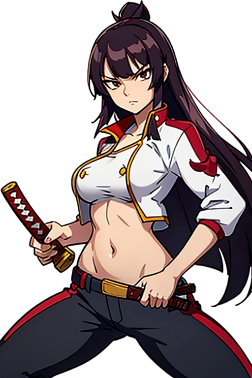 (masterpiece, best quality:1.2), 1girl, solo, Kagura_Mikazuchi, long hair, large breasts, open jacket, red jacket, black pants, open clothes, midriff, (sexy navel), serious, hime cut, double-breasted. Holding traditional samurai katana sword. Her gaze is both alluring and fierce, as she holds the sword with a delicate yet deadly grip. Simple background, white background
