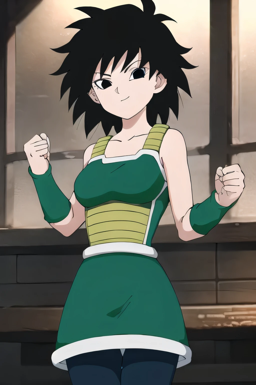 1girl, solo, ginedb, black hair, short hair, spiked hair, black eyes, collarbone, bare shoulders green saiyan armor, pink wristband, green skirt, black pantyhose, closed mouth, light smile, cowboy shot, sexy pose, indoor barn