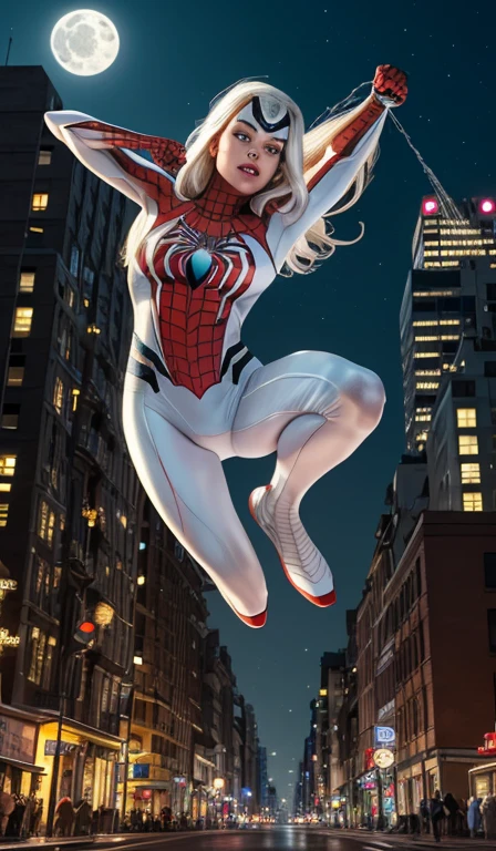 Margot Robbie (Masterpiece, 4k resolution, ultra-realistic, very detailed), (White superhero theme, charismatic, there's a girl at the top of town, wearing Spider-Man costume, she's a superhero), [ (25 years), (long white hair:1.2), full body, (blue eyes:1.2), ((Spider-Man pose),show of strength, jumping from one building to another), ((sandy urban environment):0.8)| (cityscape, at night, dynamic lights), (full moon))] # Explanation: The Prompt mainly describes a 4K painting of ultra-high definition, very realistic, very detailed. It shows a superheroine at the top of the city, wearing a Spider-Man costume. The theme in the painting is a white superhero theme, the female protagonist has long white hair, is 25 years old and her entire body is shown in the painting. In terms of portraying the actions of superheroines, spiders are employed