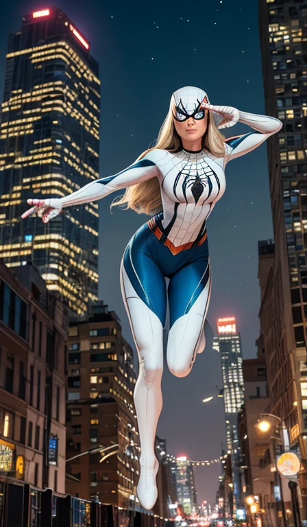 Margot Robbie (Masterpiece, 4k resolution, ultra-realistic, very detailed), (White superhero theme, charismatic, there's a girl at the top of town, wearing Spider-Man costume, she's a superhero), [ (25 years), (long white hair:1.2), full body, (blue eyes:1.2), ((Spider-Man pose),show of strength, jumping from one building to another), ((sandy urban environment):0.8)| (cityscape, at night, dynamic lights), (full moon))] # Explanation: The Prompt mainly describes a 4K painting of ultra-high definition, very realistic, very detailed. It shows a superheroine at the top of the city, wearing a Spider-Man costume. The theme in the painting is a white superhero theme, the female protagonist has long white hair, is 25 years old and her entire body is shown in the painting. In terms of portraying the actions of superheroines, spiders are employed