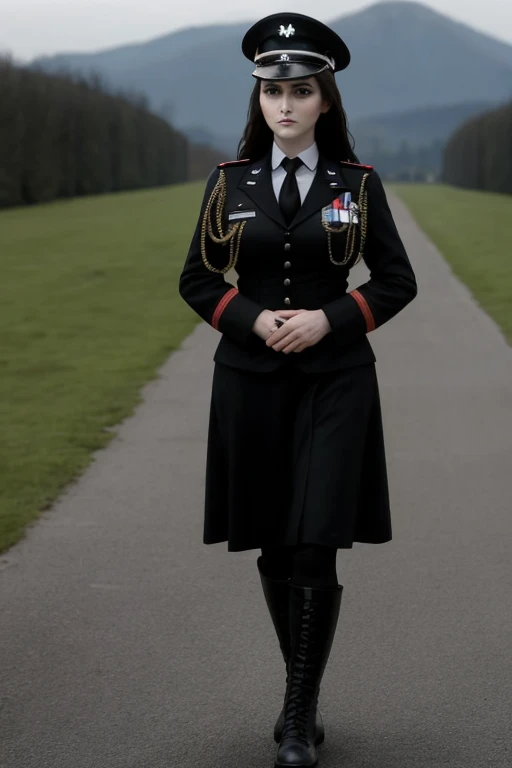 1girl, mature woman, 1woman, pale skin, brunette, wavy hair, hair, Black hair, down to Shoulders, serious expression, mature expression, dominant expression, looking at viewer, black lips, black cap, germany uniform, black uniform, germany military Black uniform, black necktie, ww2, nazism, skirt down to knees, black skirt, military Black uniform, standing, Full clothed, outdoor, Full body, formal girl, goth, gothic, goth girl, gothic girl, goth Makeup, gothic makeup, hair over Shoulders, wavy hair