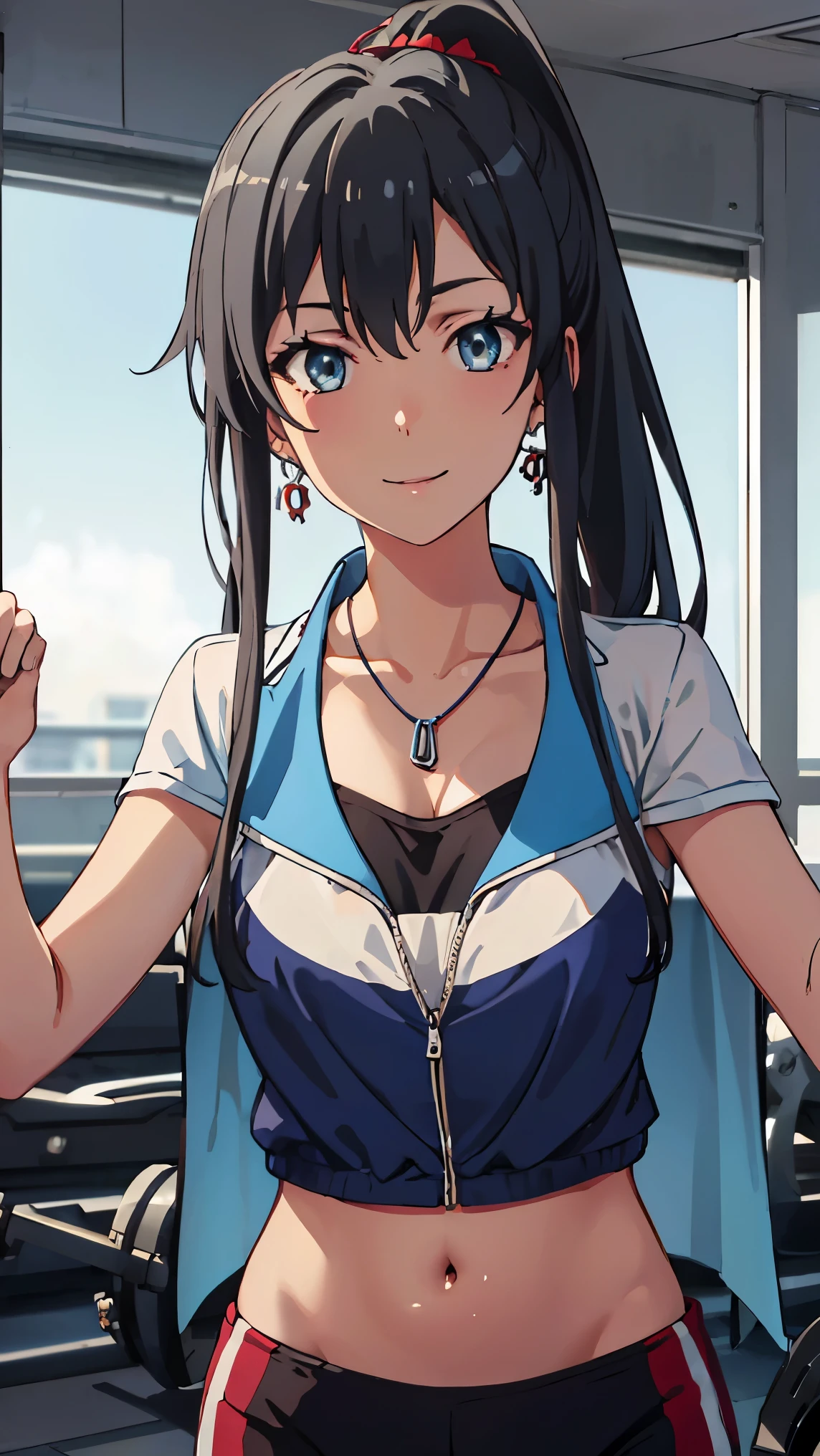hair_ponytail ribbon,Black hair, eyes blue, long hair, smile , Yukinoshita Yukino,
BREAK (cape, epaulettes, cleavage, jewelry, earrings, midriff:1.2)
BREAK vaginal, upright straddle, BREAK background will depict a Fitness training room
BREAK (masterpiece:1.2), best quality, high resolution, unity 8k wallpaper, (illustration:0.8), (beautiful detailed eyes:1.6), extremely detailed face, perfect lighting, extremely detailed CG, (perfect hands, perfect anatomy),