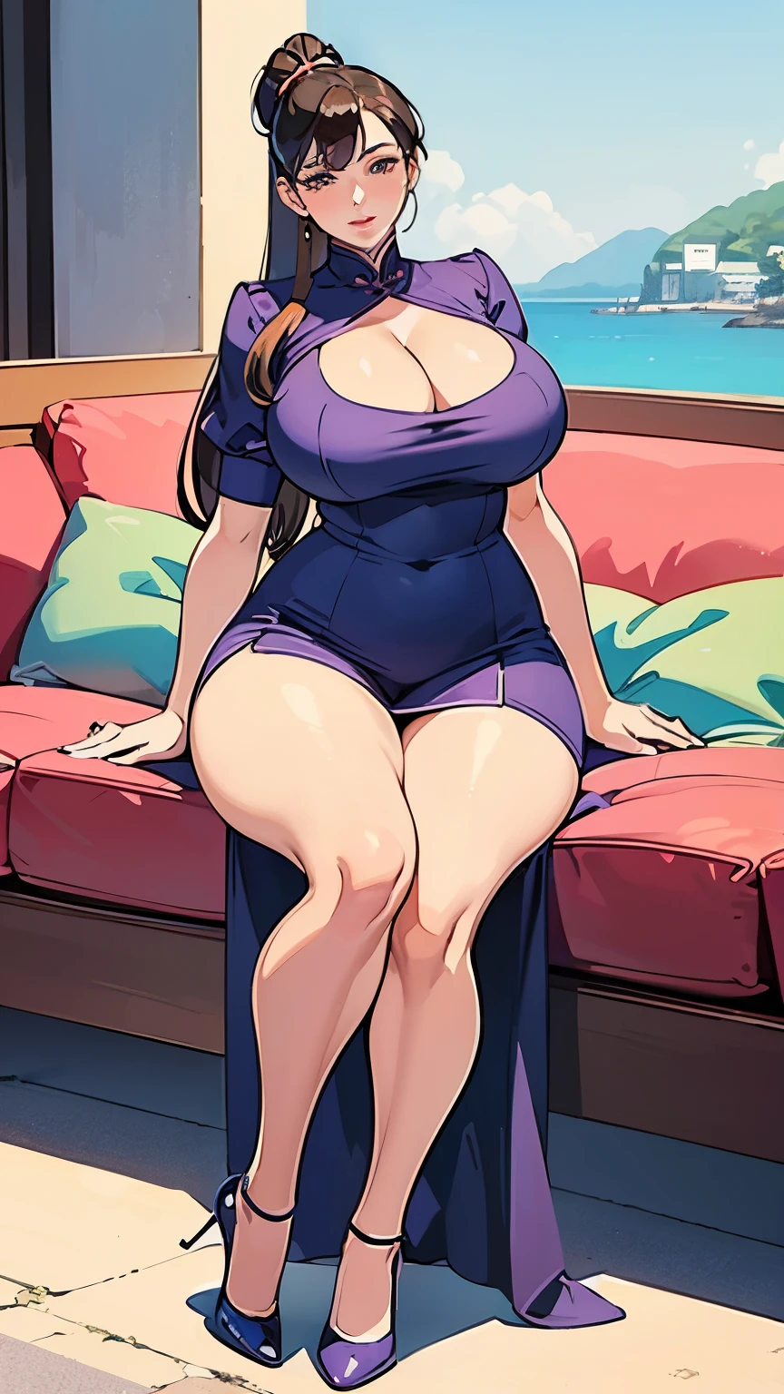 gigantic Breasts, Big Hips, Full Body Shot, Mature mother, Voluptuous thighs, Seductive mature woman, Perfect body, curvy body, Plus Size Model, Sailor suit, Wearing high heels, sexy china-dress, like Chunli, 1990's anime cels style,