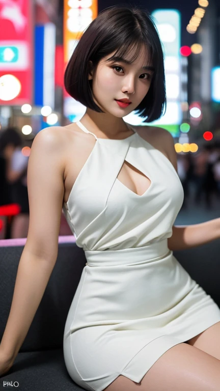 ultra hot gorgeous indoasia girl , 24 years old, beautiful colour, Perfect skin ,3 bust size , instagram model, onlyfans actress , (Realistic, A high resolution), waist up pose , upper knees pose , 1 cute sexy girl , (bob cut short white hair), tight mini transparant bluish sexy party dress, large expressive eyes, happy, (8K, raw photo, Best quality, Masterpiece:1.2), (Realistic, photo-Realistic:1.37),(sharp focus:1.2) , High detail, she's enjoying night life in modern night club at Tokyo