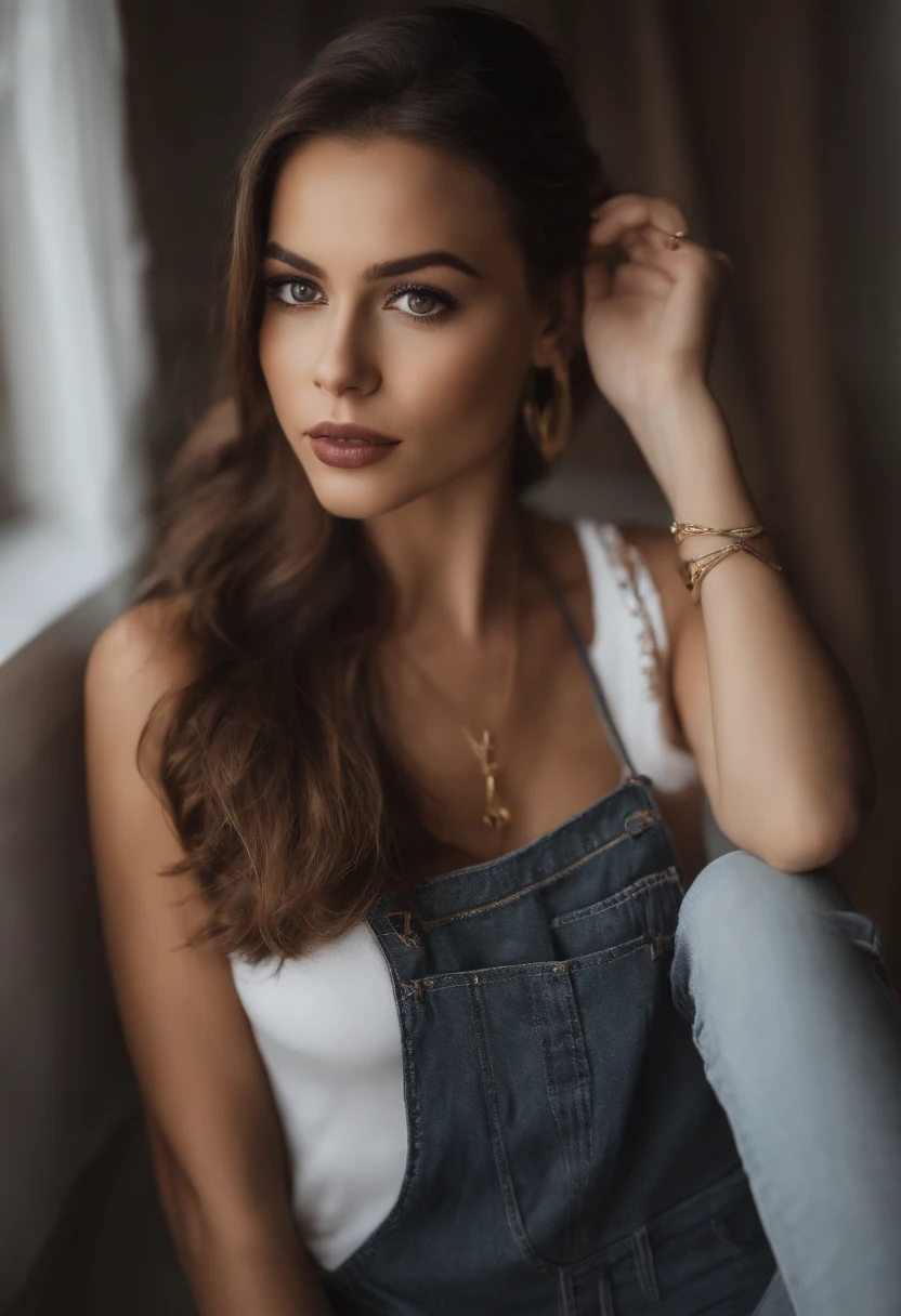 cropped woman with white tank top and necklace, fille sexy aux yeux verts, Portrait de Sophie Mudd, cheveux bruns et grands yeux, selfie d'une jeune femme, Yeux de chambre, Violette Myers, sans maquillage, Maquillage naturel, regarder directement la caméra, visage avec artgram, maquillage subtil, stunning tout le corps shot, Yeux verts perçants, bel angle, pose attrayante, Jolie fille, pose sexy, tout le corps picture, tout le corps, tout le corps shoot, Brown Goddess, high detail, pose satisfaite, pantalon en cuir