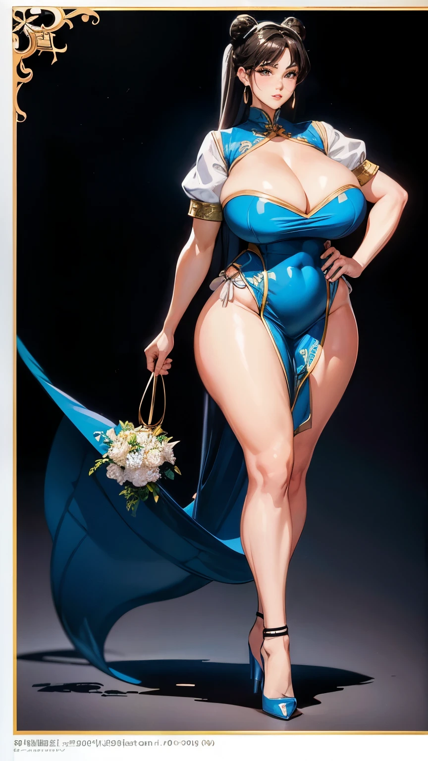 gigantic Breasts, Big Hips, Full Body Shot, Mature mother, Voluptuous thighs, Seductive mature woman, Perfect body, curvy body, Plus Size Model, Sailor suit, Wearing high heels, china-dress, like Chunli, 1990's anime cels style,