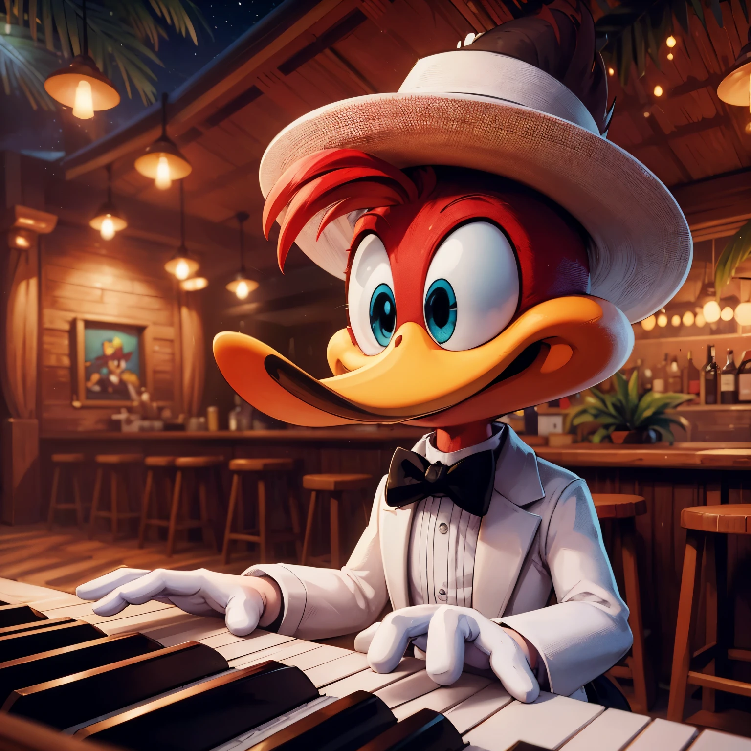 woody woodpecker wearing white tuxedo and havana hat, playing piano, in a tropical pub, night, walter lantz style, looney tunes style, comic book style, digital art, close up, 8k