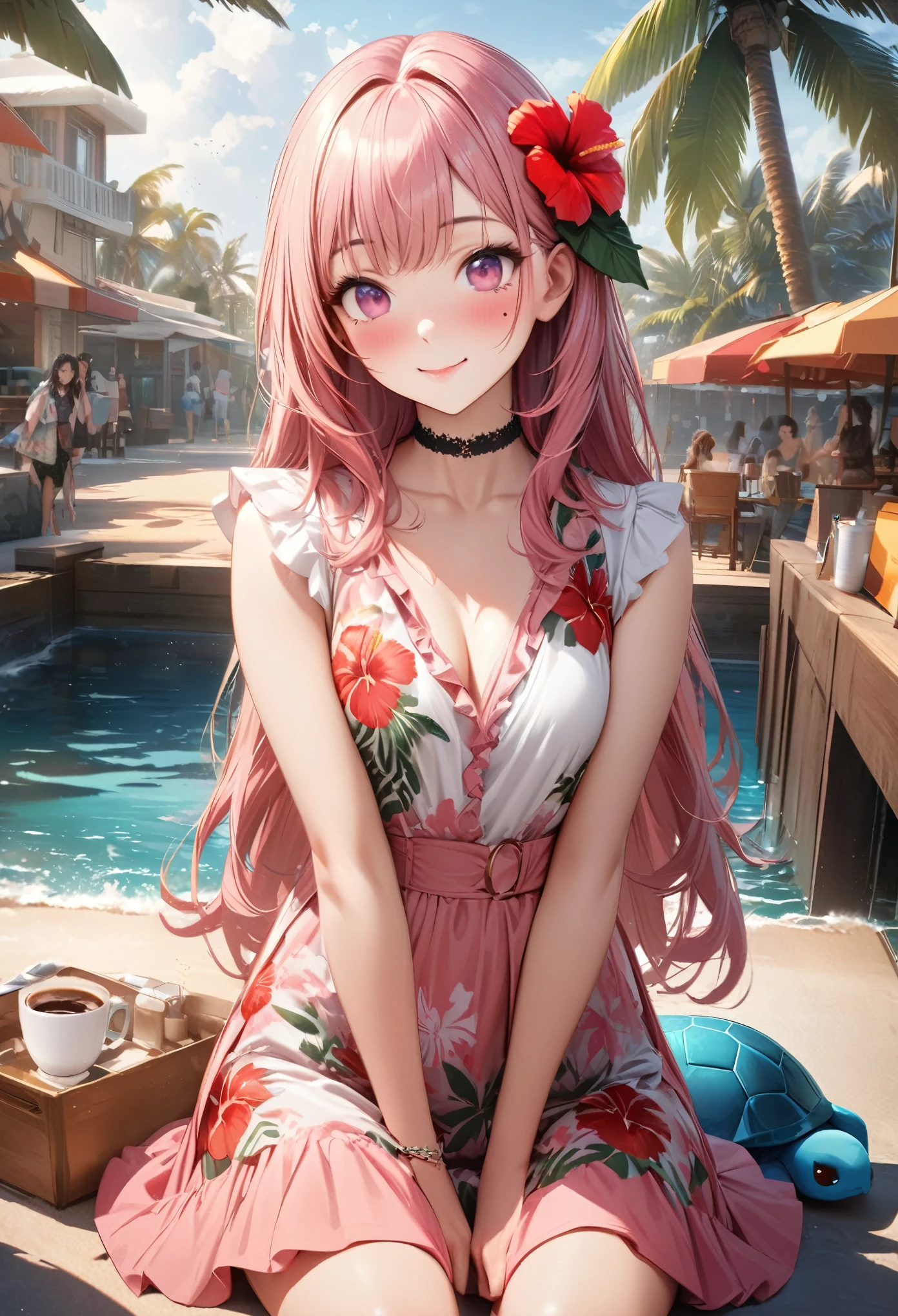 Masterpiece, Best Quality, Highly Detailed, High Definition, High Definition, High Definition, 4k, 8k, Unity 8K Wallpaper, Highly Detailed CG, Masterpiece, Realistic, Beautiful Details, Depth, Fine Texture, Best Quality: 1.3, Total concentration, perfect skin, boyfriend, very cute anime, cute like an idol, tall pink semi-long hair, one girl, Hawaiian dress, cute stuffed rabbit, stuffed sea turtle, palm tree, greeting, hibiscus hair decoration, smile, afternoon, coffeetime,long pink hair, whole body, mole under the eye, gaze, high, blush, lips parted, his art, pink eyes, choker