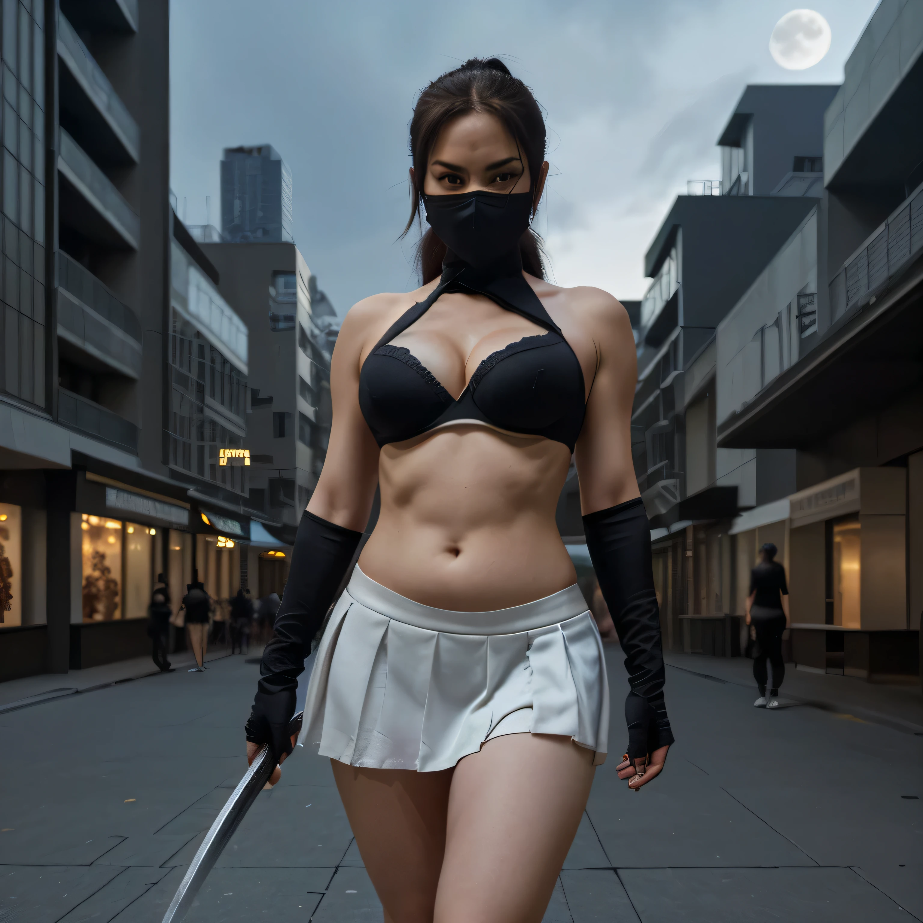 Full body image, a female ninja wearing a mask, plump, toned body, smooth white skin, ninja outfit with short skirt. Draw detailed eyes, perfect faces, masterpieces, black bras, draw bodies in great detail. Holding a very long katana sword in his hand, he looked from afar walking towards the camera. Street scene with tall buildings at midnight. The moonlight shines brightly above.