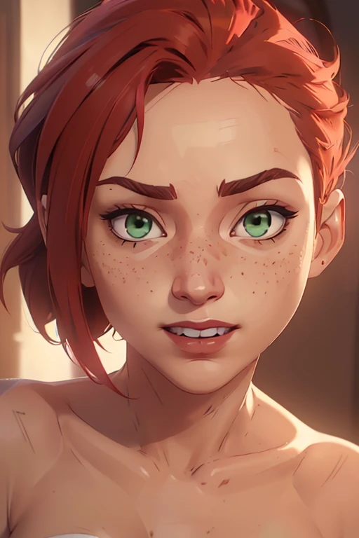 (((2 characters))), ((1guy, jon, a young guy in his 30s with asymmetric very short brown hair, green eyes, a flat nose, smooth skin, slim athletic body)), ((1girl, jennifer lawrence, 1girl, red haired chubby pale girl, green eyes, freckles, half asymetric red hair, cute, nude, small height, stain lipstick, long eyelashes, primer, cream eyeline, ((small breasts)), cute, beautiful, realistic style, highly detailed, 4k)), ((close-up of face, extremely exaggerated evil grin))
