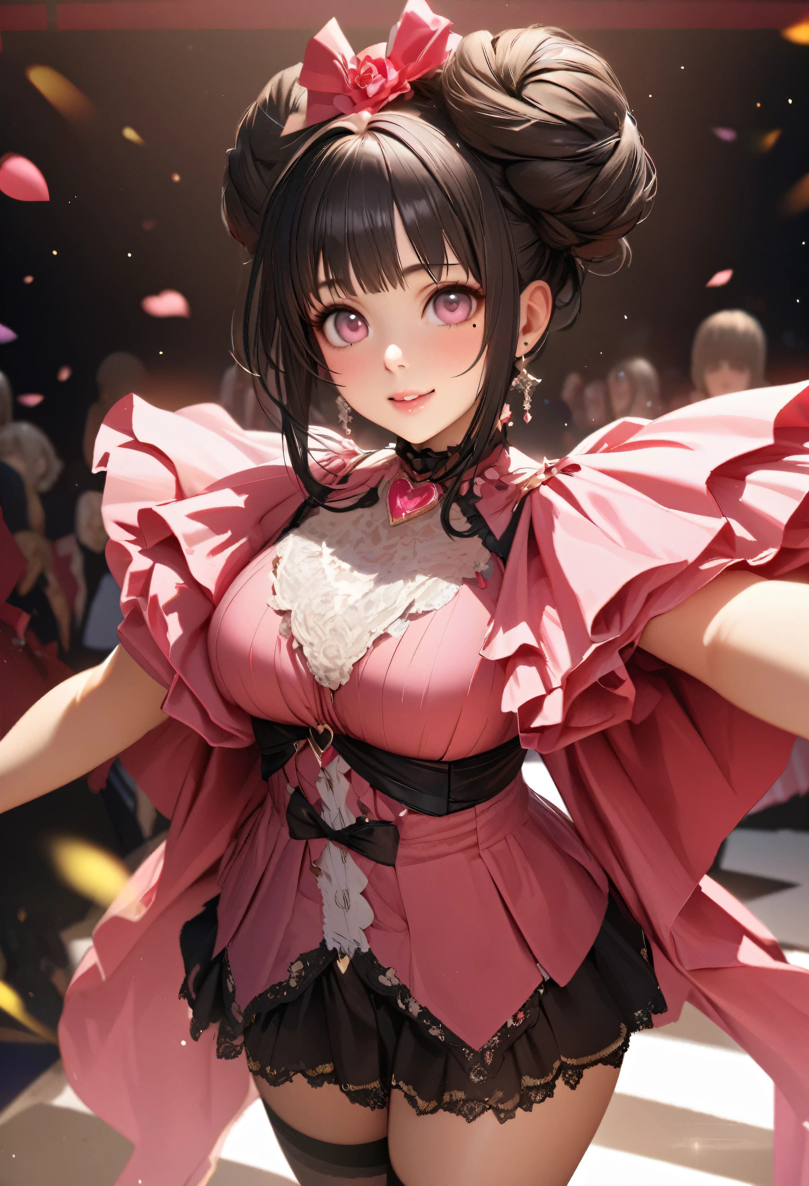 One Girl、Looking at the audience、
Beautiful pink eyes、black hair bun、,Mole under the eye、Plump and glossy lips、Heart-shaped choca、Idol、Her name is Rico,smile、ー、。.。.。.。.。.。.。.。.。.。.。.。.。.。.。.。.。.。.3D、Realistic、
IDOL costumes、Short skirt,Drape clothes、gem、The decoration has been removed、Floral、Lace trim,On a glittering stage、
masterpiece、highest quality、8k、Detailed skin texture、Detailed cloth texture、Beautifully detailed face、Intricate details、Very detailed、
超A high resolution、8k Ultra HD、Film Grain、Best Shadow、delicate、Gazing at the audience、front