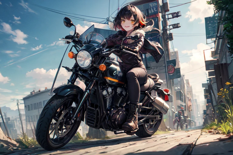 masterpiece, highest quality, One girl, (cigarette:1.0), Riding on motorcycle, View your viewers, Grin,
BREAK Multicolor Princess Cut BREAK Yellow Eyes