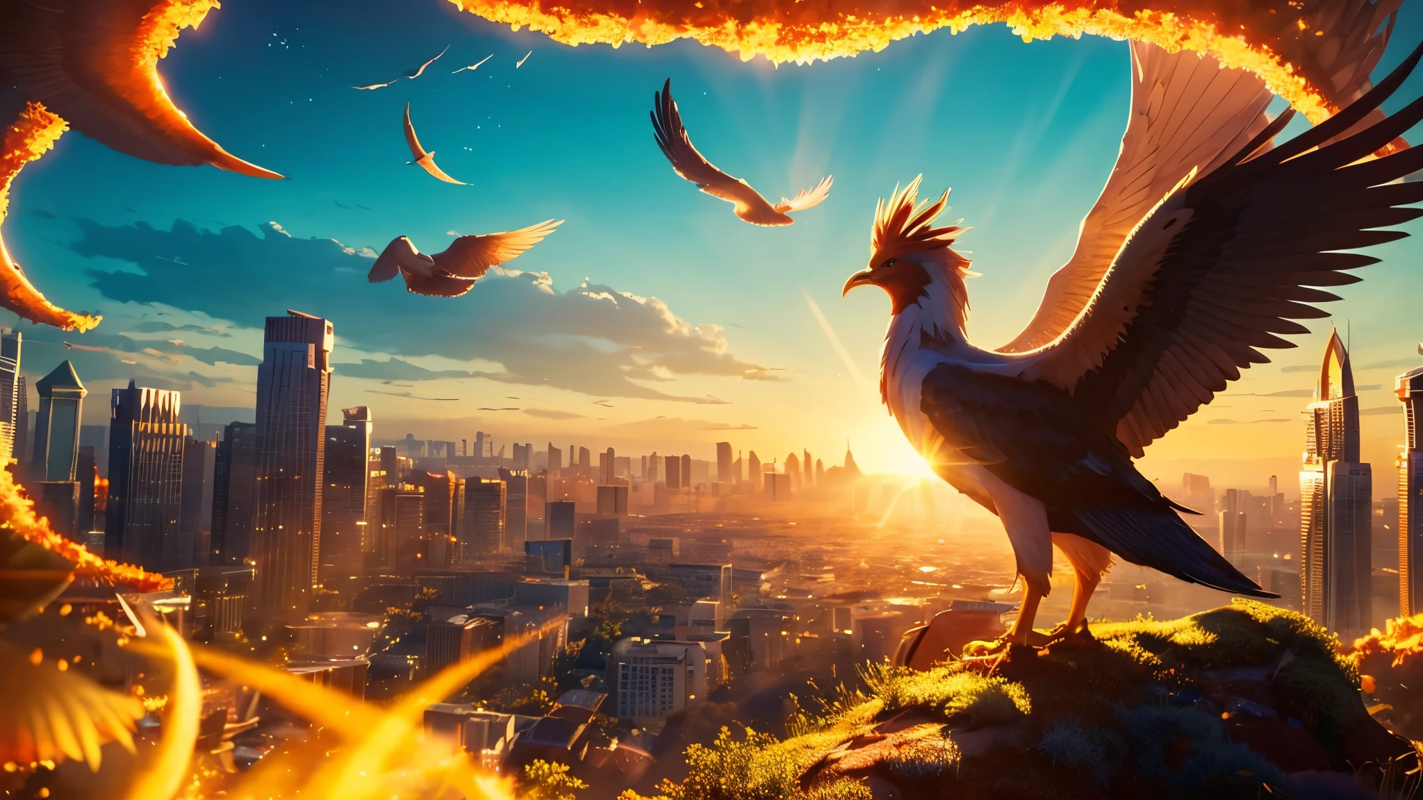 This image depicts a majestic, fantastical, and beautiful phoenix that captivates anyone who sees it, soaring towards a radiant sun. Its spread wings and feathers are illuminated by the sunlight. The background offers a tranquil cityscape surrounded by a sea of clouds, steeped in the soft, warm glow of the evening or the dawn. This image suggests rebirth, hope, and the beginning of a new journey or chapter.