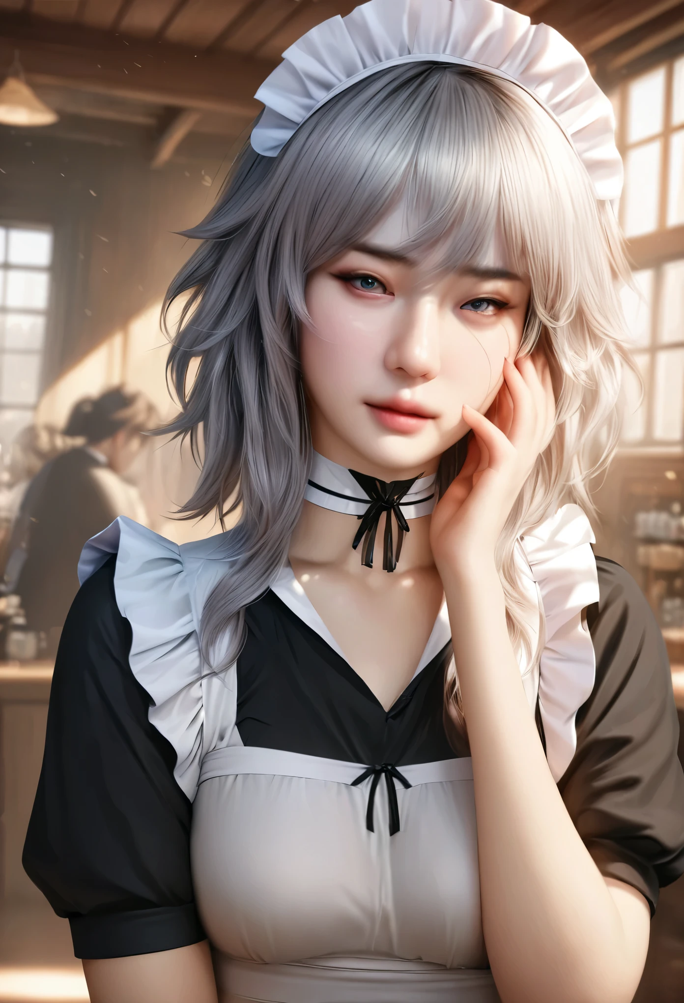 animetoreal,soft light, masterpiece, best quality,high quality,delicate face, realistic,photorealistic,1girl,
izayoi sakuya, touhou, solo, maid headdress, maid, apron, short sleeves, dress,