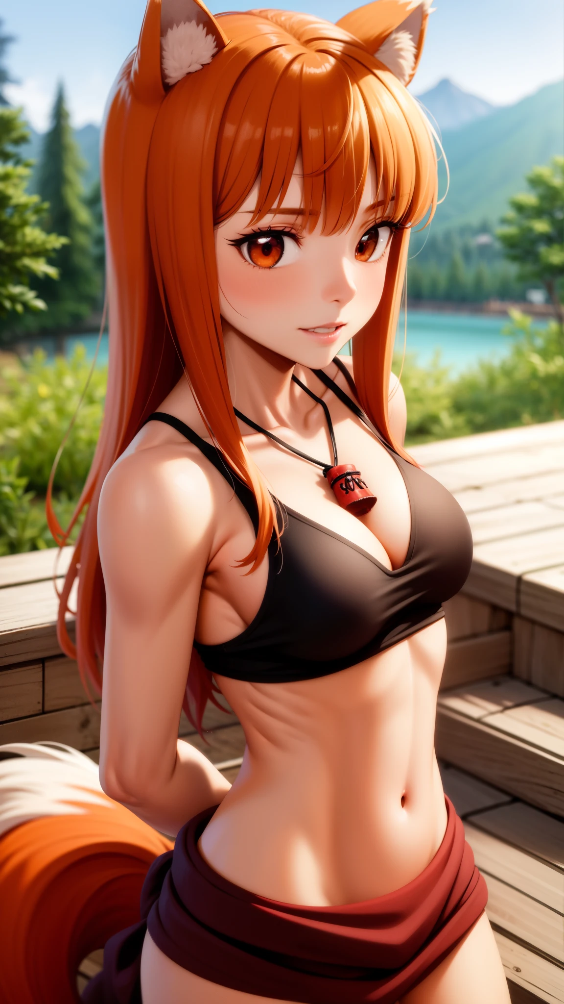 Ultra-detailed, HDR, UHD, ultra-fine painting, physical based rendering, extreme detail description, Professional, Vivid colors, bokeh, full-length portrait, landscape, style of Concept Artists, with a vibrant color palette, soft-lighting, Japanese hot springs, 1girl, long hair, brown hair, animal ears, red eyes, wolf tail, necklace, (with wolf ears), (red wolf girl, Wolf Female), ((muscular strong body)), (body scars, damaged), seductive sexy pose, wearing tribe barbarian armor