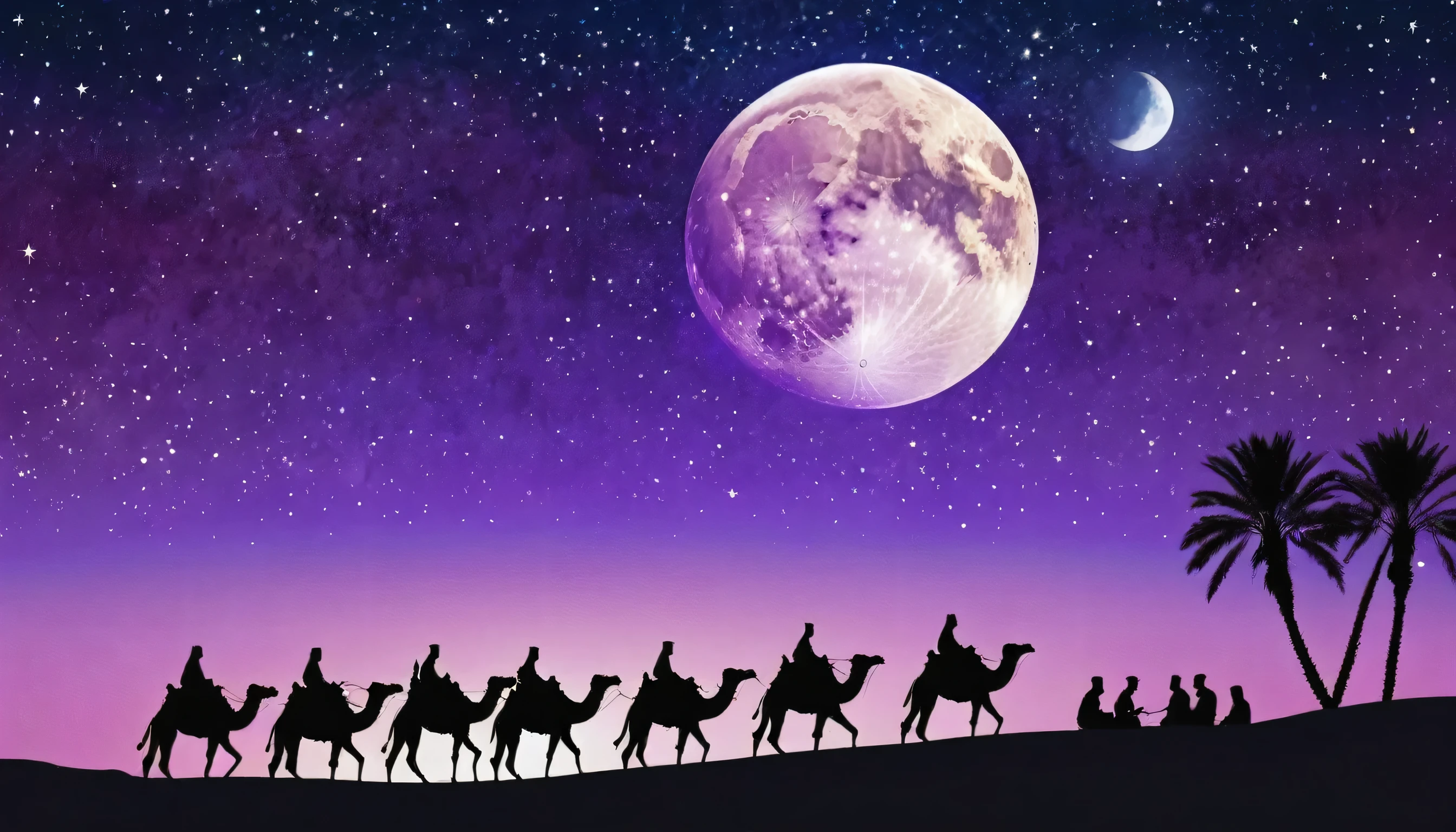 Arabia, Arabian scenery, full moon, gigantic moon behind the horizon, night sky, starry sky, purple sky, people riding camels, night, outdoors, silhouette, palm trees, buildings and mosque in the background