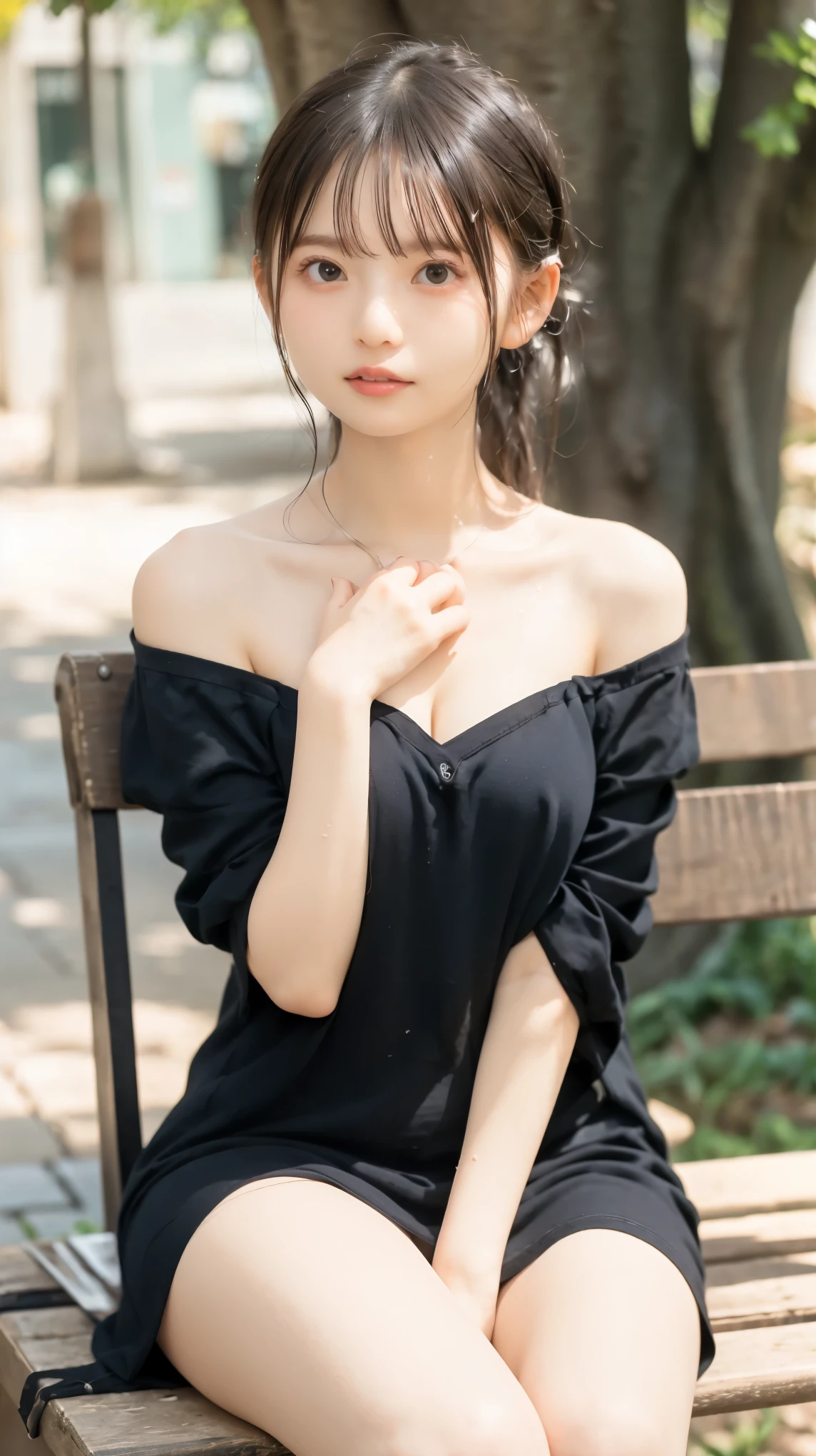 8K,Caucasian girl、Background Blur、super high quality、sunlight、Fair-skinned beautiful girl、、Young Breasts、Small breasts、Fleeting Expression、Clear contours、Adult atmosphere、high resolution skin、Fair and beautiful thighs、Young face、Innocent face、Hair tied up with hair accessories、Well-formed face、、Open your mouth、Wet lips、naked、、Healthy legs、Beautiful toes、美しいnakedの背中、、nude hip,nude legs,nude crotch、Showing off your inner thighs、Sit on a bench with your legs crossed、Off-the-shoulder short dress