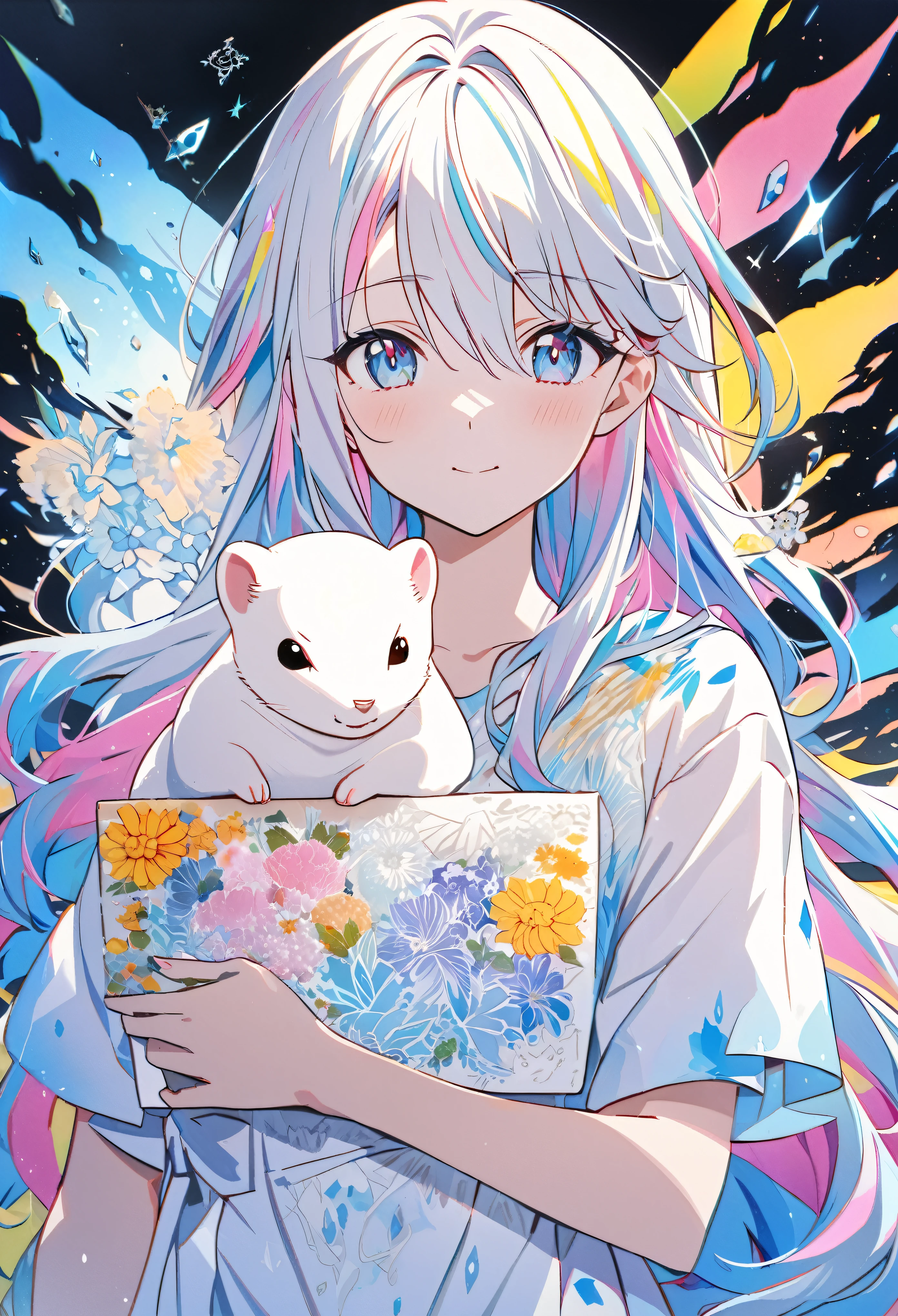 **Japanese anime, A picture that looks like it was drawn with Copics,crystal style, crystal clear,girl with ferret, under the blue moon, ferret, it was meticulously written, picture with elaborate writing, cute girl over smile, with Ferret,Flower, bold and strong line drawing, vivid acrylic painting, vivid thick paint, vivid, plain background, beautiful proof, highest resolution 16K, beautiful anime girl that is betrayeded by a Ferret, hair is short, ferret, Beautiful lightcyan high lights in her beautiful kind eyes, background is twinkle,Beautiful girl with a loose airy bright colorful hair with diamond high lights,Transparent dress, ,thick aquarelle colors,colorful,honeydew and diamond, lightcyan and white and light Effects,wallpaper,architecture,High quality, high image quality, great amount of drawing,pixiv illustration, transparency, Japanese anime,upper body,white tone, delicate brushwork,distinct color