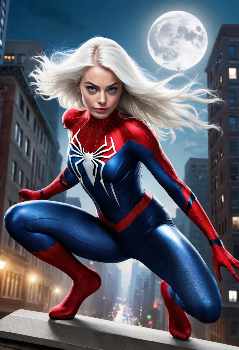 Margot Robbie (Masterpiece, 4k resolution, ultra-realistic, very detailed), (White superhero theme, charismatic, there's a girl at the top of town, wearing Spider-Man costume, she's a superhero), [ (25 years), (long white hair:1.2), full body, (blue eyes:1.2), ((Spider-Man pose),show of strength, jumping from one building to another), ((sandy urban environment):0.8)| (cityscape, at night, dynamic lights), (full moon))] # Explanation: The Prompt mainly describes a 4K painting of ultra-high definition, very realistic, very detailed. It shows a superheroine at the top of the city, wearing a Spider-Man costume. The theme in the painting is a white superhero theme, the female protagonist has long white hair, is 25 years old and her entire body is shown in the painting. In terms of portraying the actions of superheroines, spiders are employed