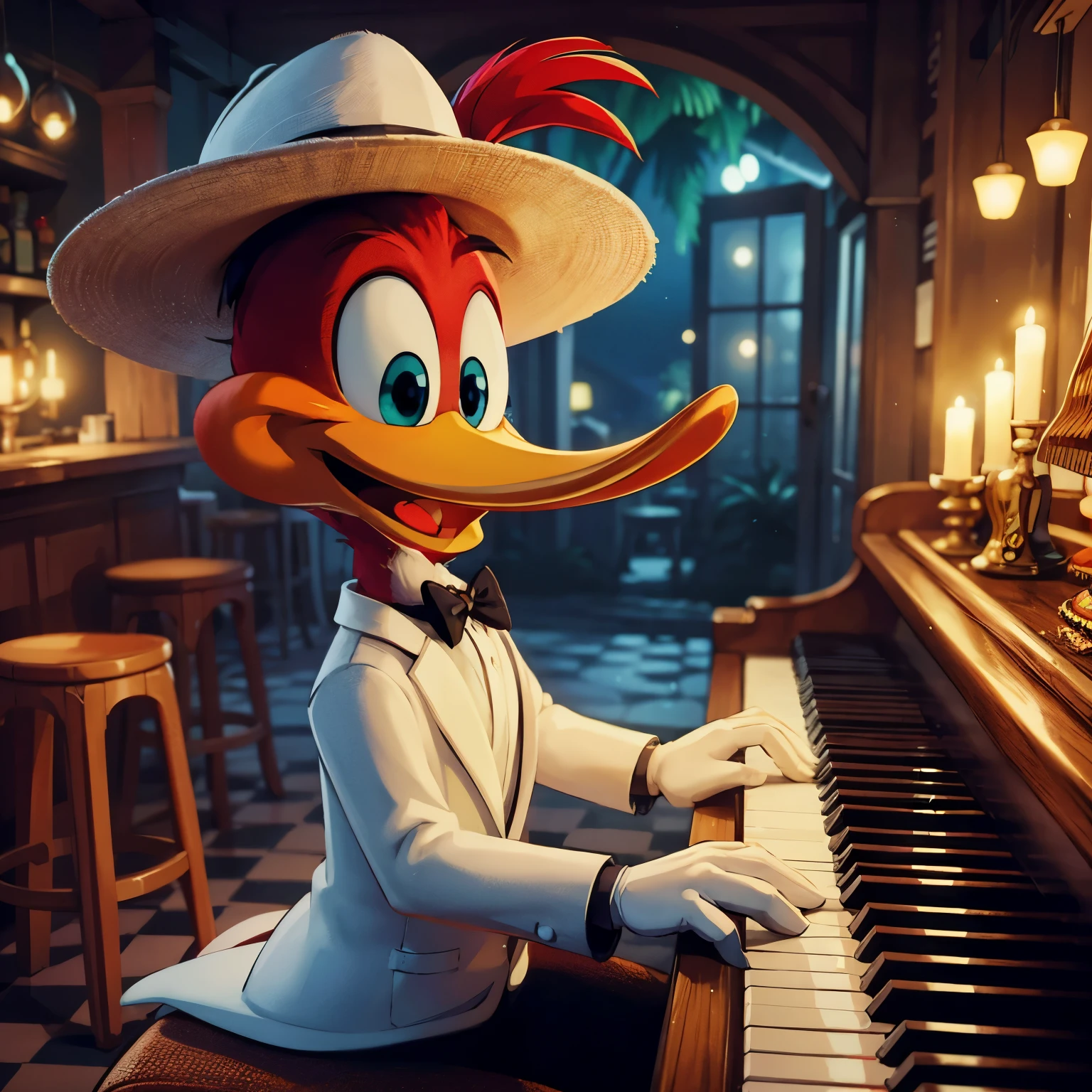 woody woodpecker wearing white tuxedo and havana hat, playing piano, in a tropical pub, night, 60's cartoon style, 8k